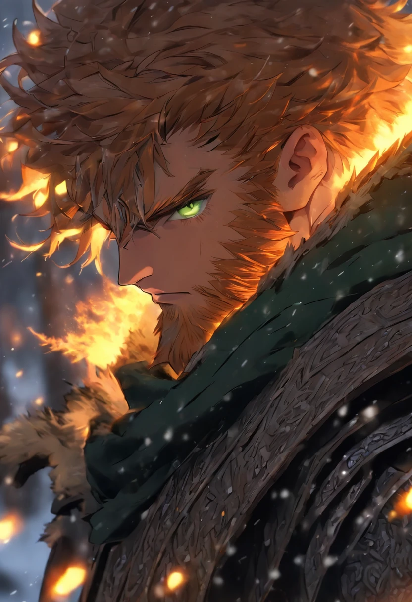mysterious middle aged human male, short ginger hair, short ginger beard, scarred face, scars, detailed dark green eyes high details, grey scale armor, dark hooded cloak, dark fantasy, cinematic shot, yellow glow, frozen tundra background, medieval, masterpiece, all in a dark fantasy artstyle