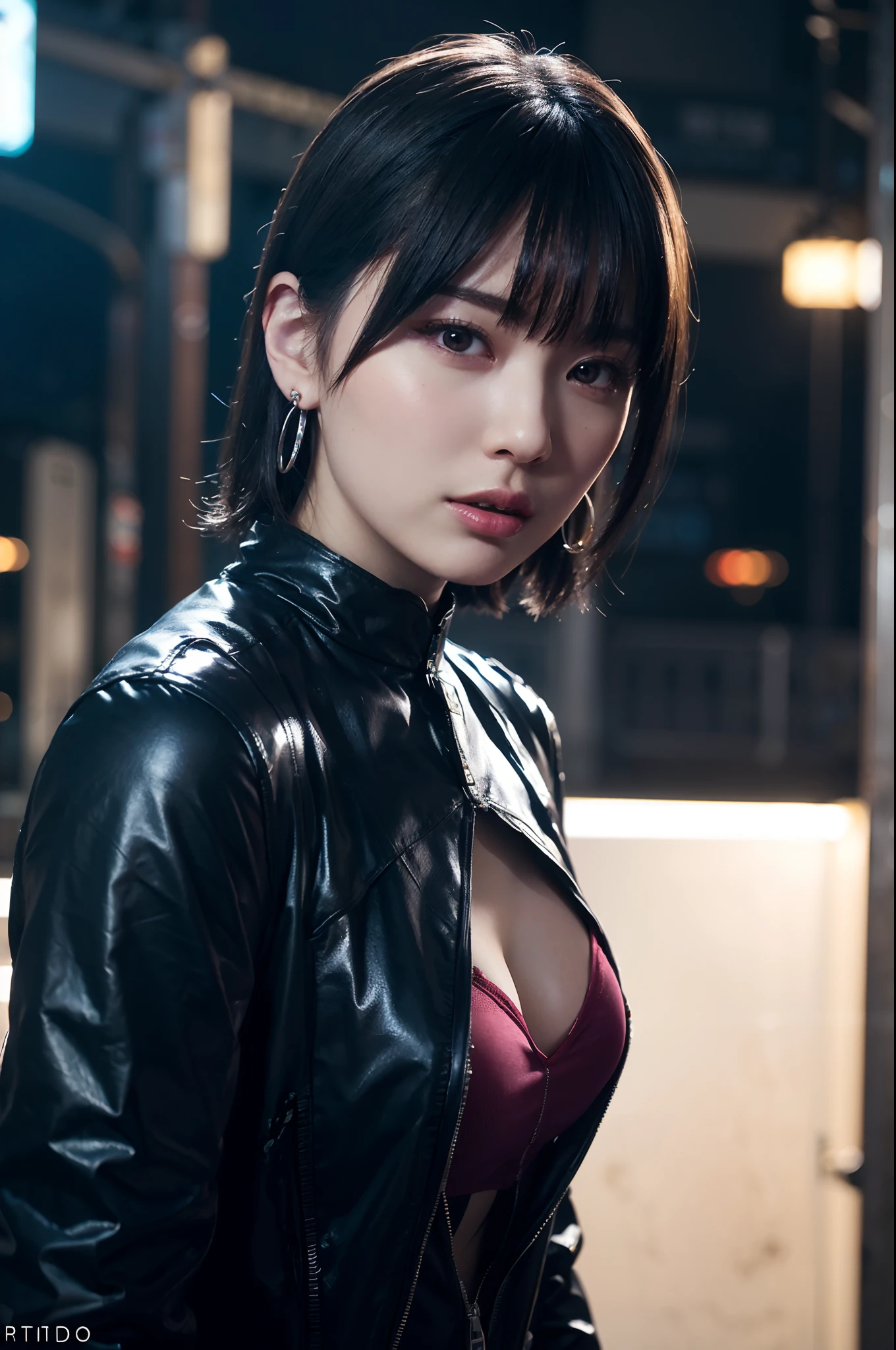 Dark Body 8K Drive Rendering, age Female Cyborg, Silver and pink short-cut hair, In the city of neon lights, action SHOT, bright complex earrings, closes mouth, ((a closed mouth)), Skin pores, Detailed complex iris, Very dark lighting, heavy shadow, Detailed and detailed face, ((vibrating, photos realistic, realist, Dramatic, murky, foco nítido, 8?And then)), ::Futuristic cyberpunk style, , Wear luminescent rainbow-colored battle armor, Realistic style, ::n_digital-painting style