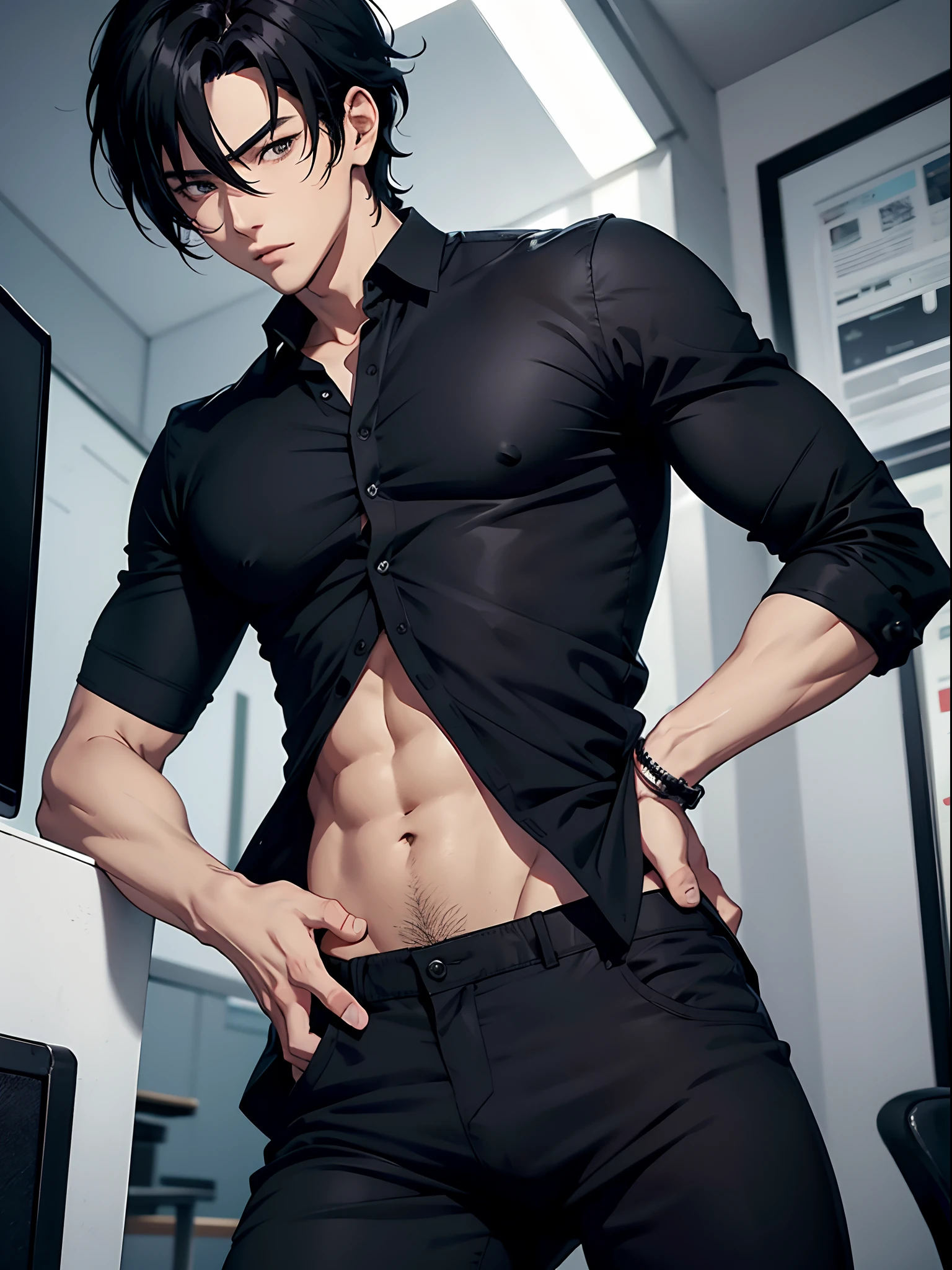 anime handsome man, black hair, wearing tight office pants, black shirt