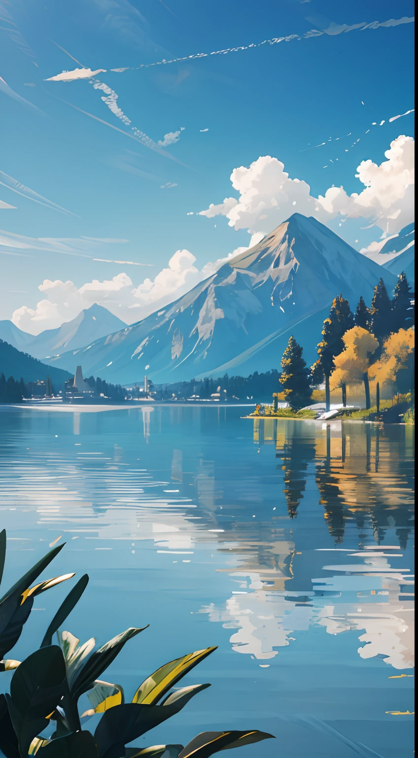 , masterpiece, best quality, 8k, absurdres, water surface, summer, noon, sunlight, blue sky, perspective, depth of field, highres, fine details, ultra-detailed, serene sharp focus of a lake with the sun beating, where a person stands on top of a leaf, highlighting the following elements:
The lake should be depicted in a calm and clear way, reflecting the sunlight.
The sun should be in evidence, radiating rays of light over the scene.
The person should be positioned on top of a leaf, conveying a sense of balance and connection with nature.
The environment around the lake may contain natural elements such as trees, flowers or mountains in the background.
Use soft and harmonious colors to convey the serenity of the scene.
Ensure that the image is visually pleasing and conveys a sense of tranquility. |