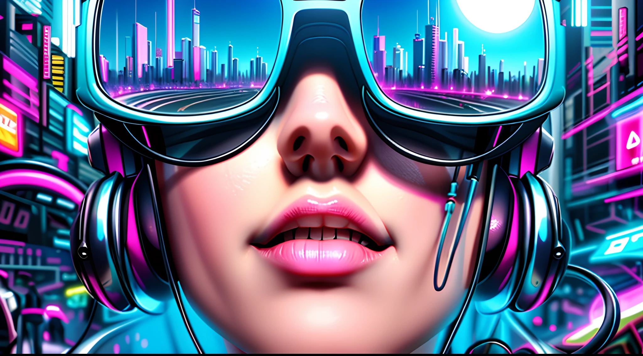 A woman with headphones and sunglasses in a futuristic city, Estilo de arte cyberpunk, Estilo de Arte futurista, cyberpunk vibes, Arte cyberpunk, cyberpunk cores vibrantes, cyberpunk themed art, advanced digital cyberpunk art, Estilo de arte cyberpunk, 3d arte digital 4k, sombreamento futurista, mas colorido, Arte futurista, no estilo cyberpunk, cyberpunk illustration, style hybrid mix of beeple, Arte Digital 4K