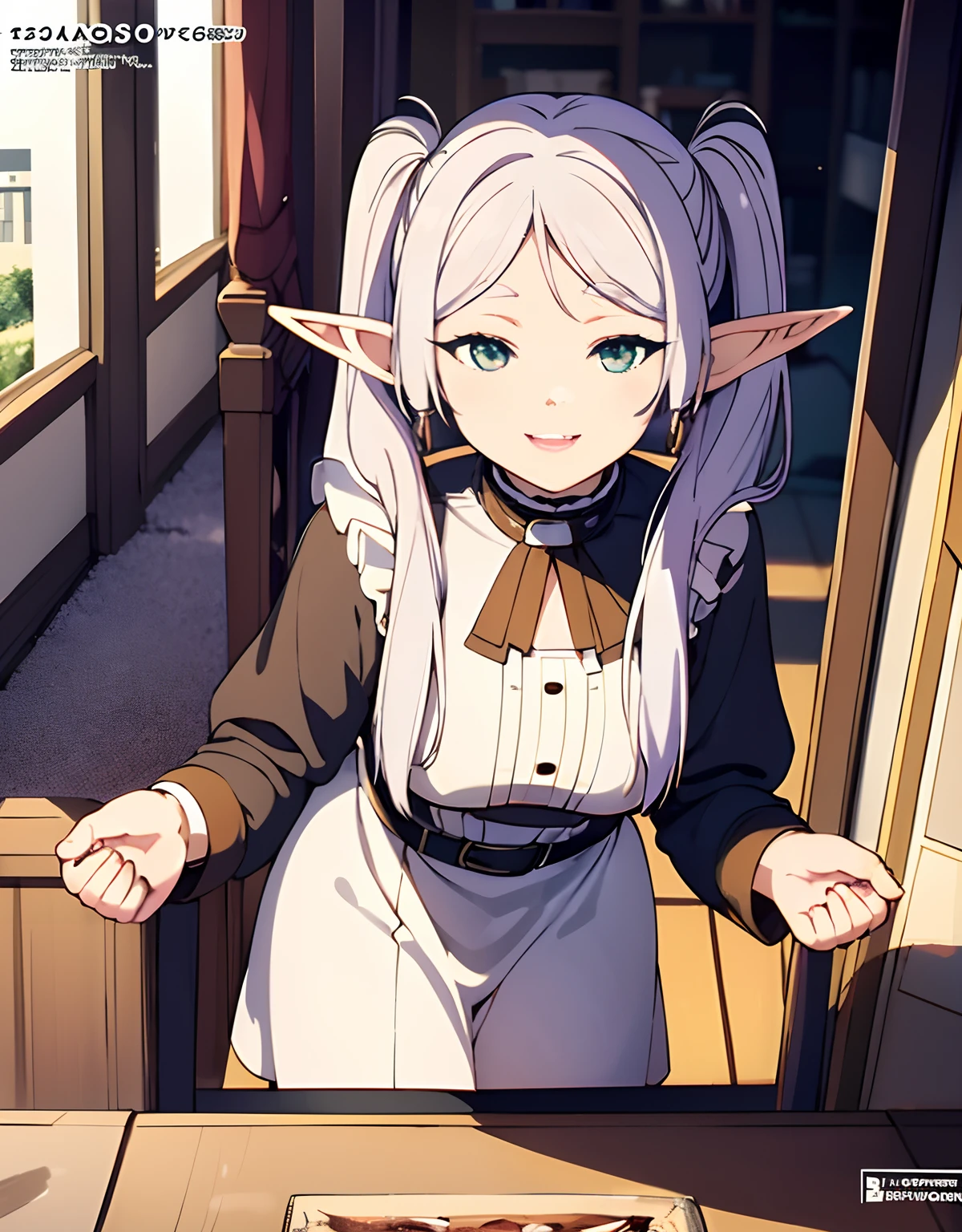 (Best Quality, Masterpiece),sexy teen 16+, Front cover of a women's cooking magazine, , naked, erotic, 18+, nsfw, 1girl, green eyes,stunning, cute, smile, hourglass figure, Maid costume, beautiful food, text, diagrams, advertisements, magazine title, long white hair twintails, elf ears