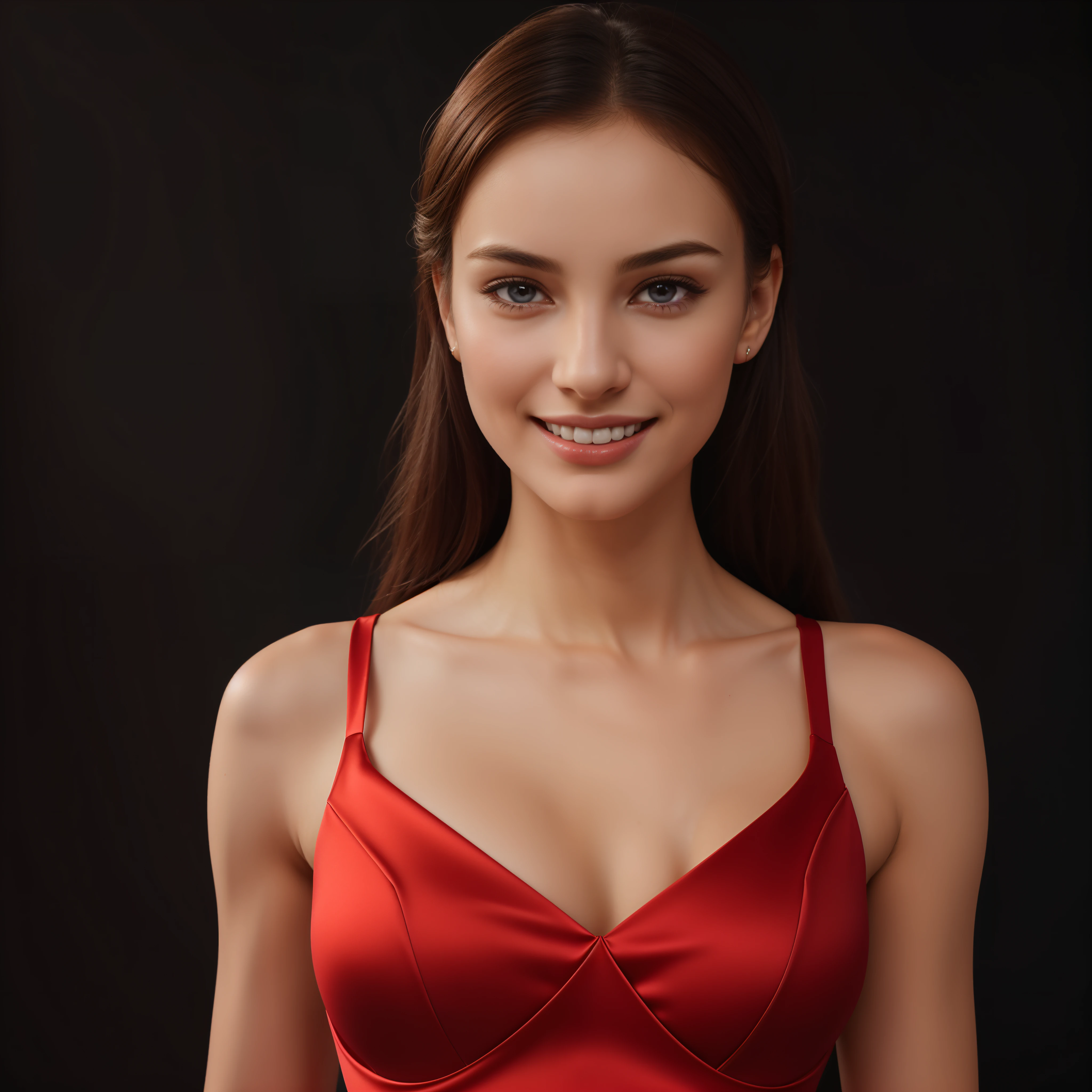 ((portrait,upper-body,facial-view,close-up)),(best quality,4k,8k,highres,masterpiece:1.2),ultra-detailed,(realistic,photorealistic,photo-realistic:1.37),(1girl),(18years old),[the face is combination of (((irene1:1.2))) and (((Excella_er5:1.2)))],(sharp focus:1.5),pearl skin,(skin pores:1.1),extremely detailed face and skin texture,(skin texture:1.1),black hair,tall and slender body,(192cm tall),thin and delicate figure,graceful posture,strong and defined muscles,flawless skin,defined abs,perfect curves,feminine appearance,perfect anatomy,embodying elegance and beauty,cleavage breasts,((wearing red color dress:1.3)),vibrant colors,extremely detailed and realistic (red) clothes,(colorful),(film grain:1.3),(simple dark background),happy expression,full-smile,romantic flat backdrop,angelic ethereal beauty,studio photography,professional photography.