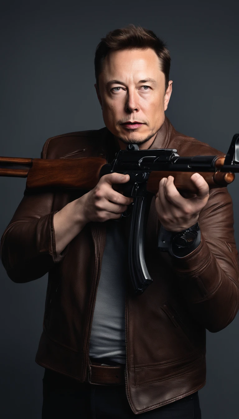 A photo of Elon musk, holding an ak-47