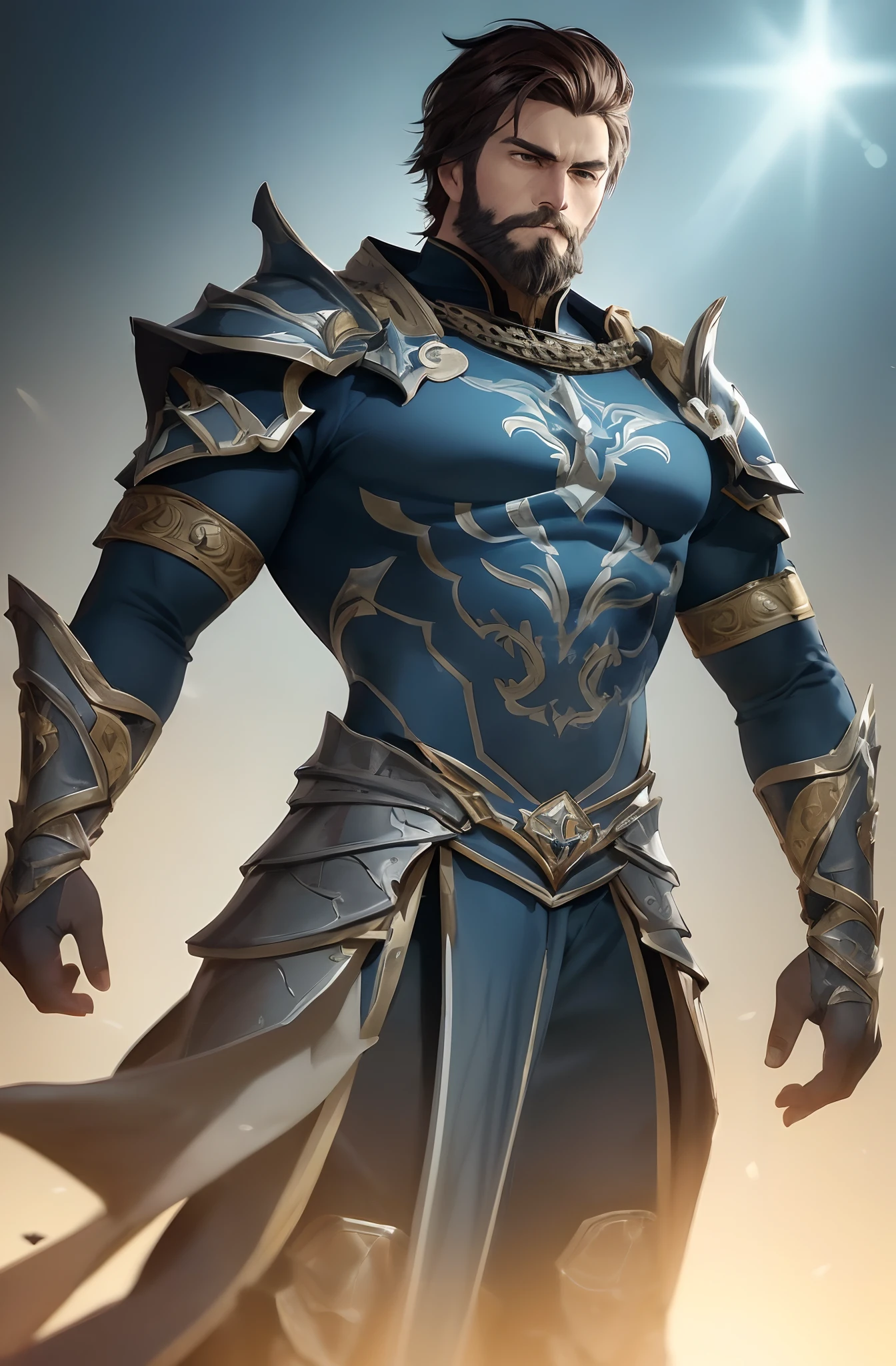 Alistar Valorian is a tall and commanding figure, standing at around 6 feet 2 inches (188 cm). His build is lean yet muscular, a testament to his devotion and physical training as a cleric of Lathander. His skin is fair, reflecting his noble heritage, but it bears the scars of past struggles against the forces of darkness.
Alistar has deep, expressive cobalt-blue eyes that seem to radiate hope and determination, framed by dark, thick eyebrows. His auburn hair is neatly trimmed and often styled in a manner that’s practical for adventuring yet maintains a sense of nobility. He keeps a closely cropped beard, well-groomed and free of any unkempt scruff.
His countenance is both charismatic and intense, with a strong jawline and high cheekbones that hint at his noble lineage. Alistar’s features are framed by an aura of unwavering faith, making his presence feel commanding, even in the darkest of moments.
He is typically seen wearing a set of intricately designed silver and golden chain mail , adorned with symbols of Lathander. A white tabard with the image of the Morning Lord’s radiant sunburst is draped over his armor. Alistar’s armor is polished to a gleaming shine, reflecting the hope and light he seeks to bring to the world.
