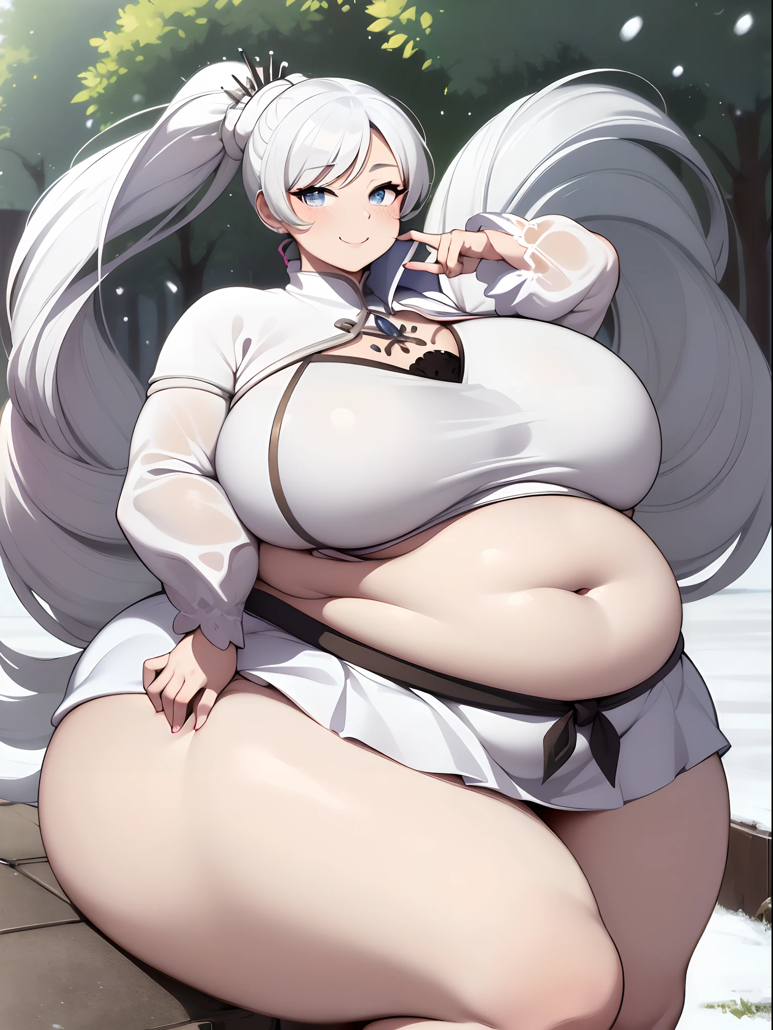 (masterpiece, best quality:1.2), cowboy shot, solo, 1girl, weiss schnee, serious, closed mouth, looking at viewer, crossed arms, side ponytail, scar across eye, dress, long sleeves, snowing, (((oversized gigantic stomach))), ((massive tits)), smile, she has a jiggly fat round belly, ((massive tits)), smile, she has a jiggly fat round belly, (((massive fat thick unnatural belly))), (((oversized gigantic stomach))), ((massive tits)), smile, she has a jiggly fat round belly, ((massive tits)), smile, she has a jiggly fat round belly, (((massive fat thick unnatural belly))), (((oversized gigantic stomach))), ((massive tits)), smile, she has a jiggly fat round belly, ssbbw, ((unnatural big body))(((unnatural the biggest ass)))