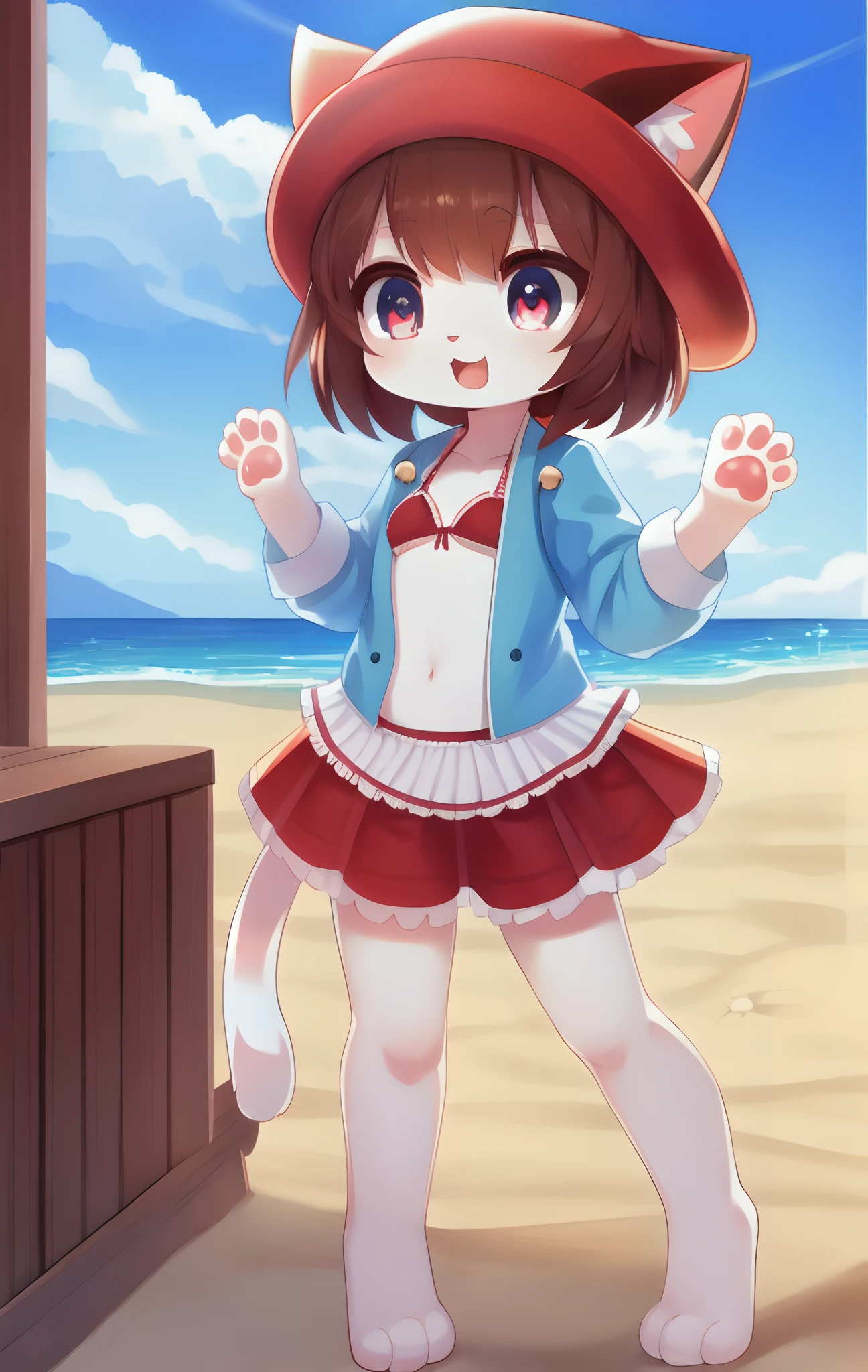 Furry girl, young, cat, pink cheeks, brown hair, short rect hair, rect bangs, small breasts, white body fur, two color eyes, red and blue eyes, detailed body fur, detailed body, detailed face, detailed eyes, skinny, high quality, masterpiece, glistering body, shiny body, red beret, bells on hat, small frilly jacket, red frilly bikini, blue frilly short skirt, black eye shadows, beach, clear sky, :3, open mouth, standing, full body, paws whit three toes, kawaii