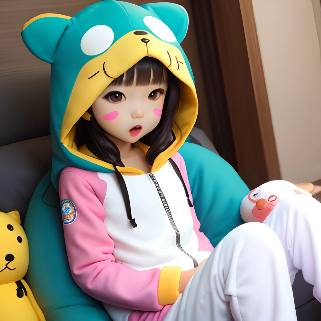 Kigurumi Costume Pajamas、Sexy Big 、A cute 15-year-old girl with a sexy and cute look, beautiful and sexy face、A strong wind blows my hair in front of my face、With straight blonde hair、beautiful, Cute and sexy eyes hidden behind long bangs、Costume pajamas