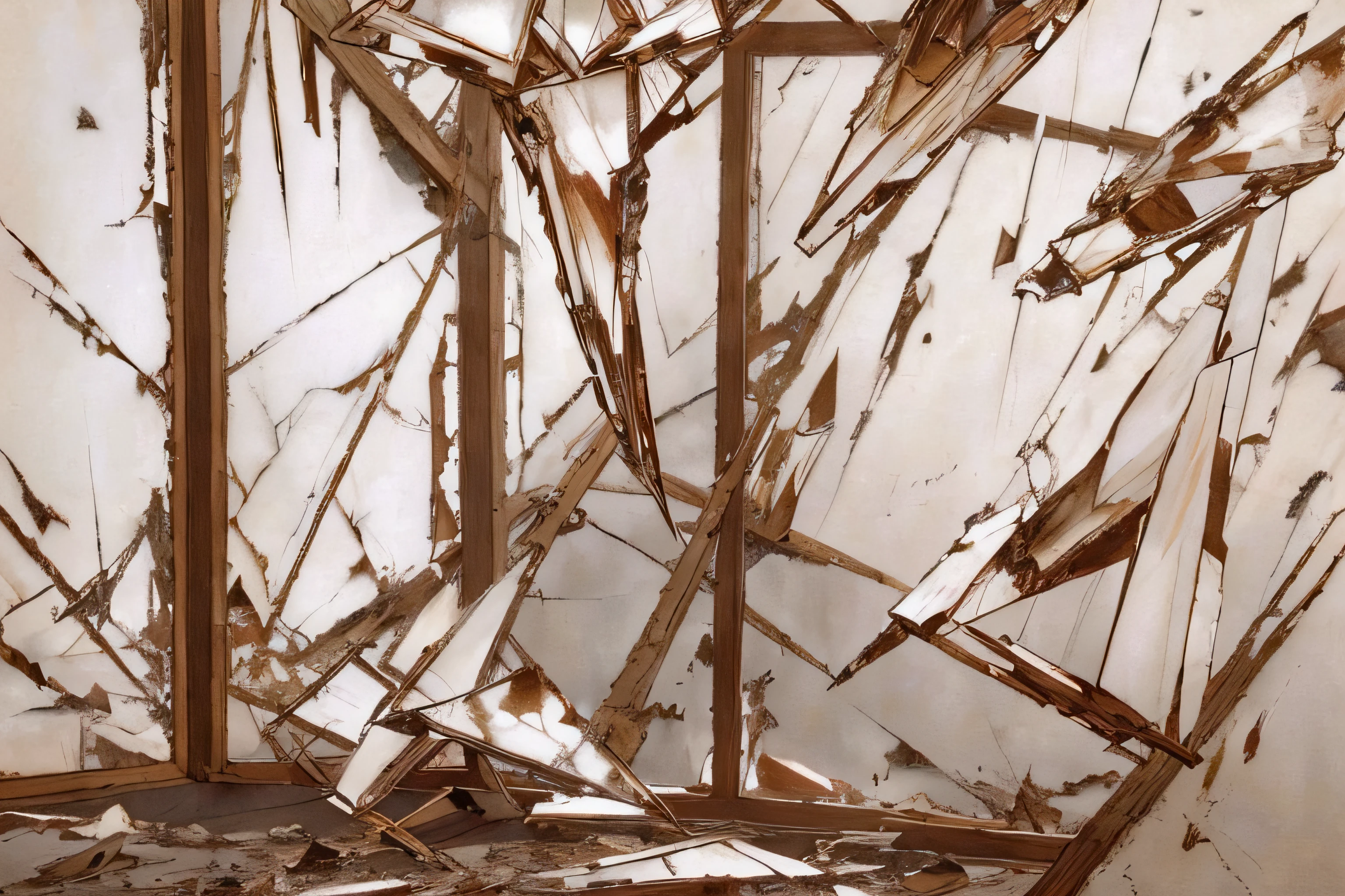 A stark and disturbing painting of a broken glass window, rendered in a realistic style with a surreal twist. The razor-sharp shards of glass seem to defy gravity and reflect the light in a dangerous and unsettling way. The painting evokes a sense of danger, instability, and unreality