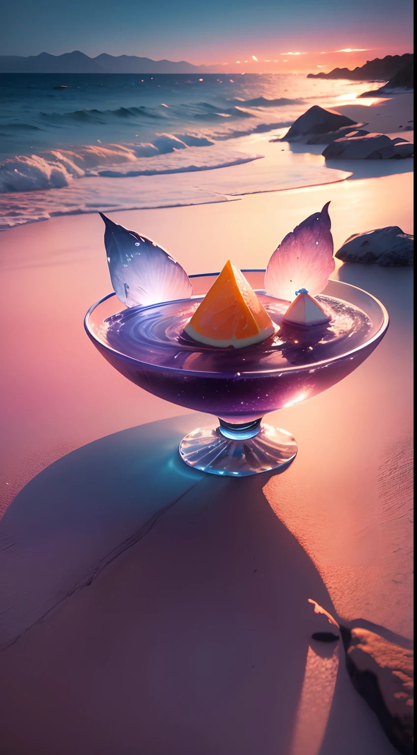 8K HD Ultra detalhe foto real de uma carta de tarot.  3 birds on the beach flying in the sky.  A drop of water in the center of the image ((fantasia)) with high resolution. nuvens baixas, Twilight in the background ((heaven pink, azul e laranja)), Twilight and ultra-perfect lighting.