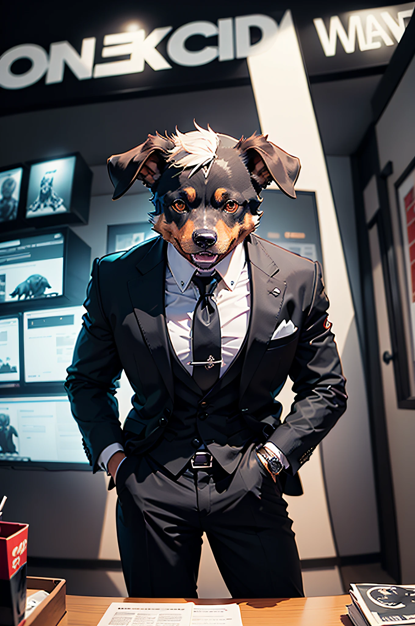 (Man in black suit and tie)comic strip、Anthropomorphic Doberman dog、cyberpunked