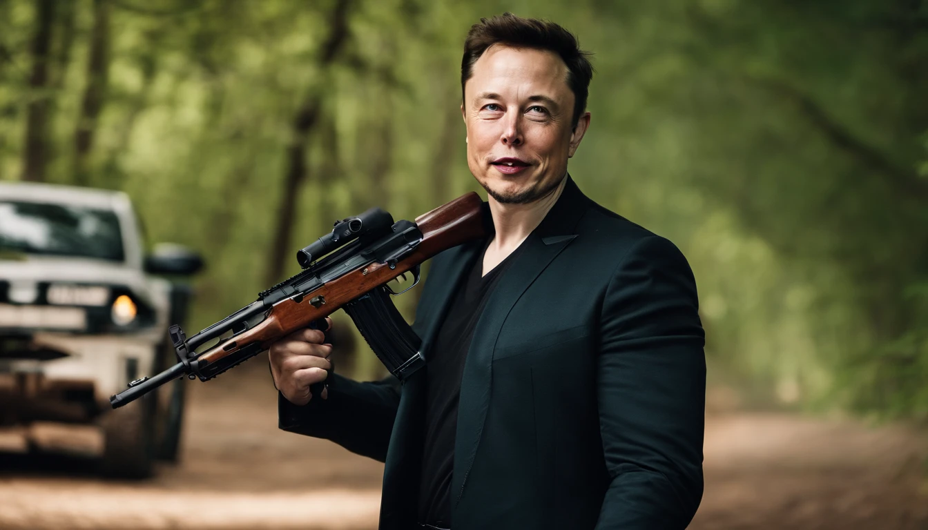 A photo of Elon musk, holding an ak-47