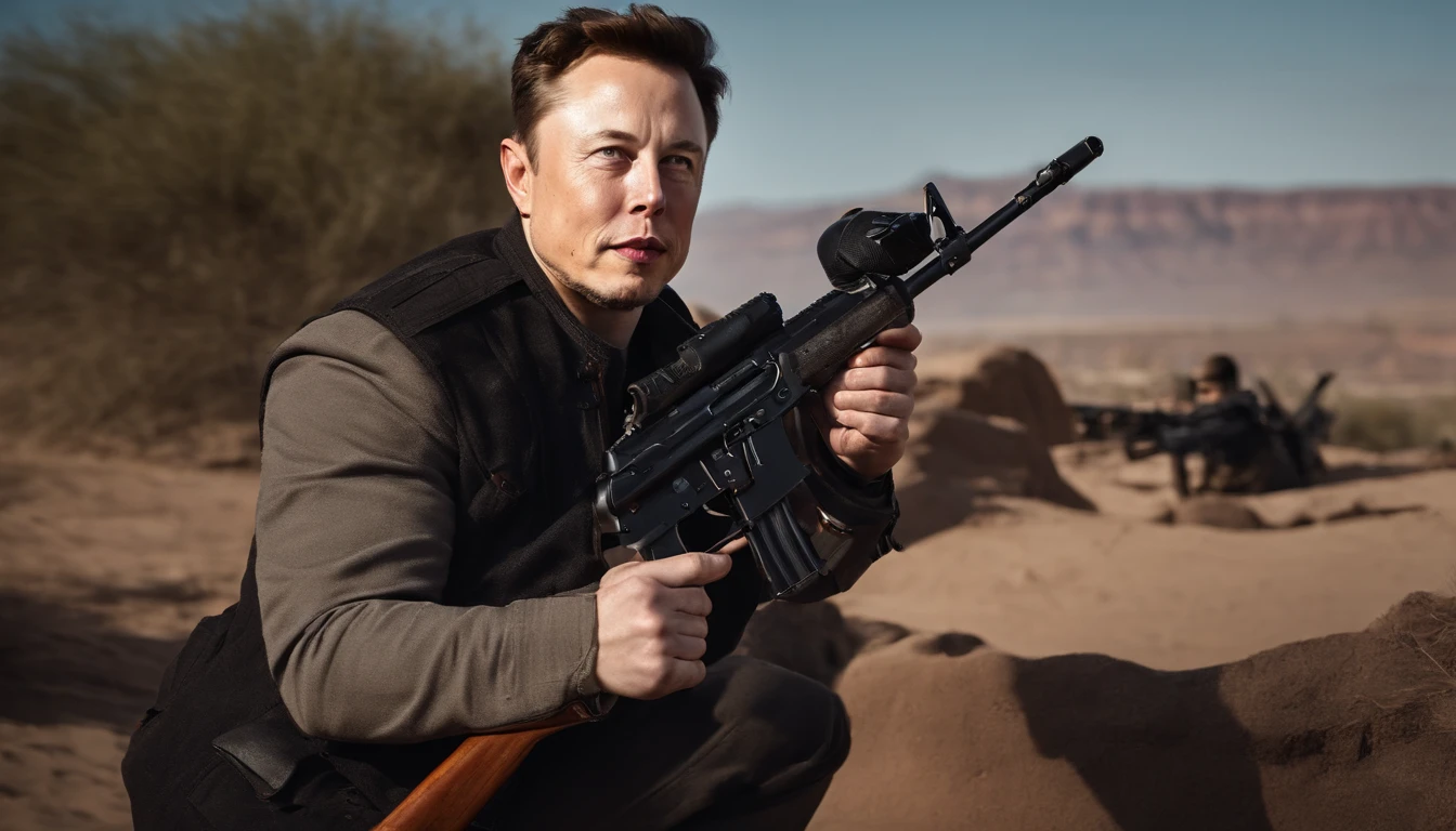 A photo of Elon musk, holding an ak-47