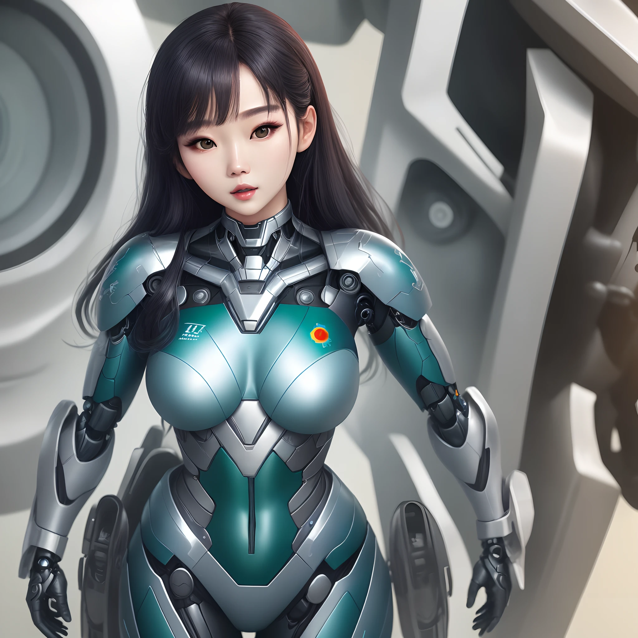 Full body of woman in blue-green and silver squadron suit in shiny satin fabric, iu lee ji-eun as a super villain, medium close - up ( mcu ), sakimichan hdri,Korean Beauty Model, japanese cgi, Perfect Anime Cyborg Woman, beautiful girl cyborg