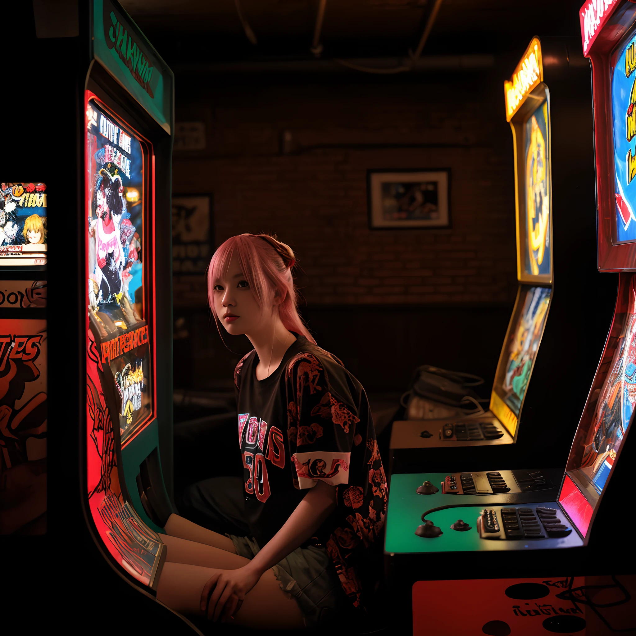 80shair,A dimly lit arcade arcade,Punk girl playing video games