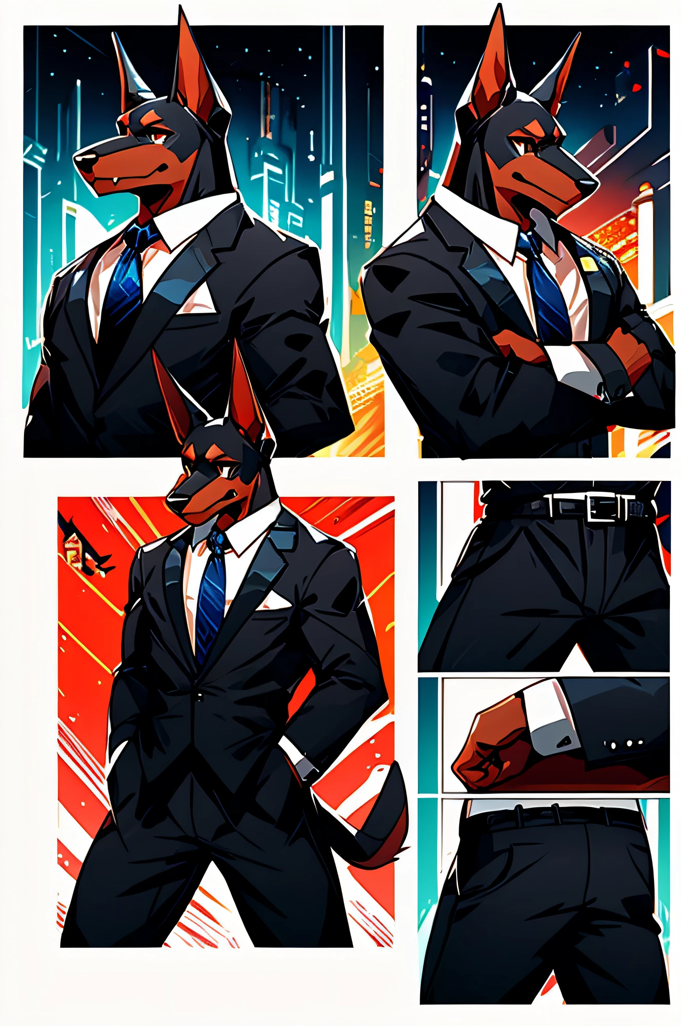 (Man in black suit and tie)comic strip、Anthropomorphic Doberman dog、cyberpunked