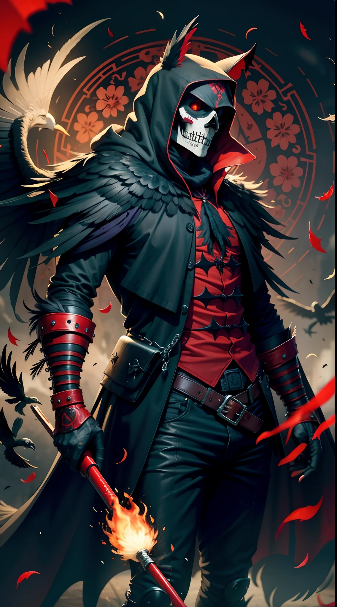 Demon, raven, calavera, red-eyes, hood, Gloating Smile, Black Feathers on Shoulders, Flying Raven, Bloody Backstory, Wings of Crows