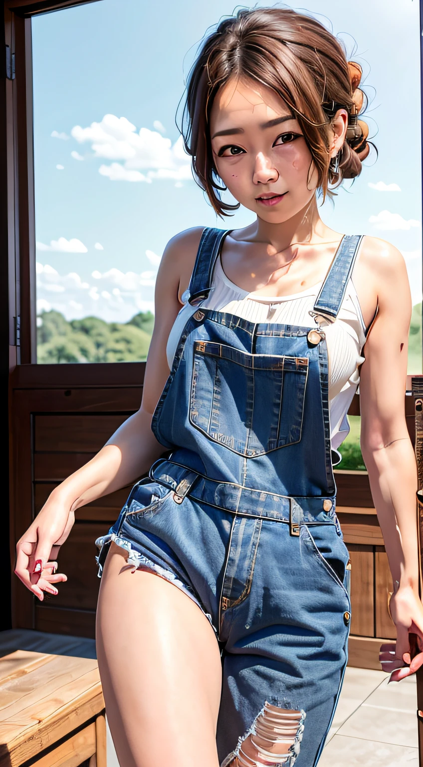 Asian woman in overalls drinking coffee, wearing dirty overalls, Wearing overalls, Blue overalls, photo of slim girl model, wearing blue jean overalls, overalls, Sexy Girl, cute girl wearing a tank suit, Open V chest clothes, Photo of slim girl, skinny waist and thick hips, Sexy hot body,(((extra ))), (((Excess nipples))),