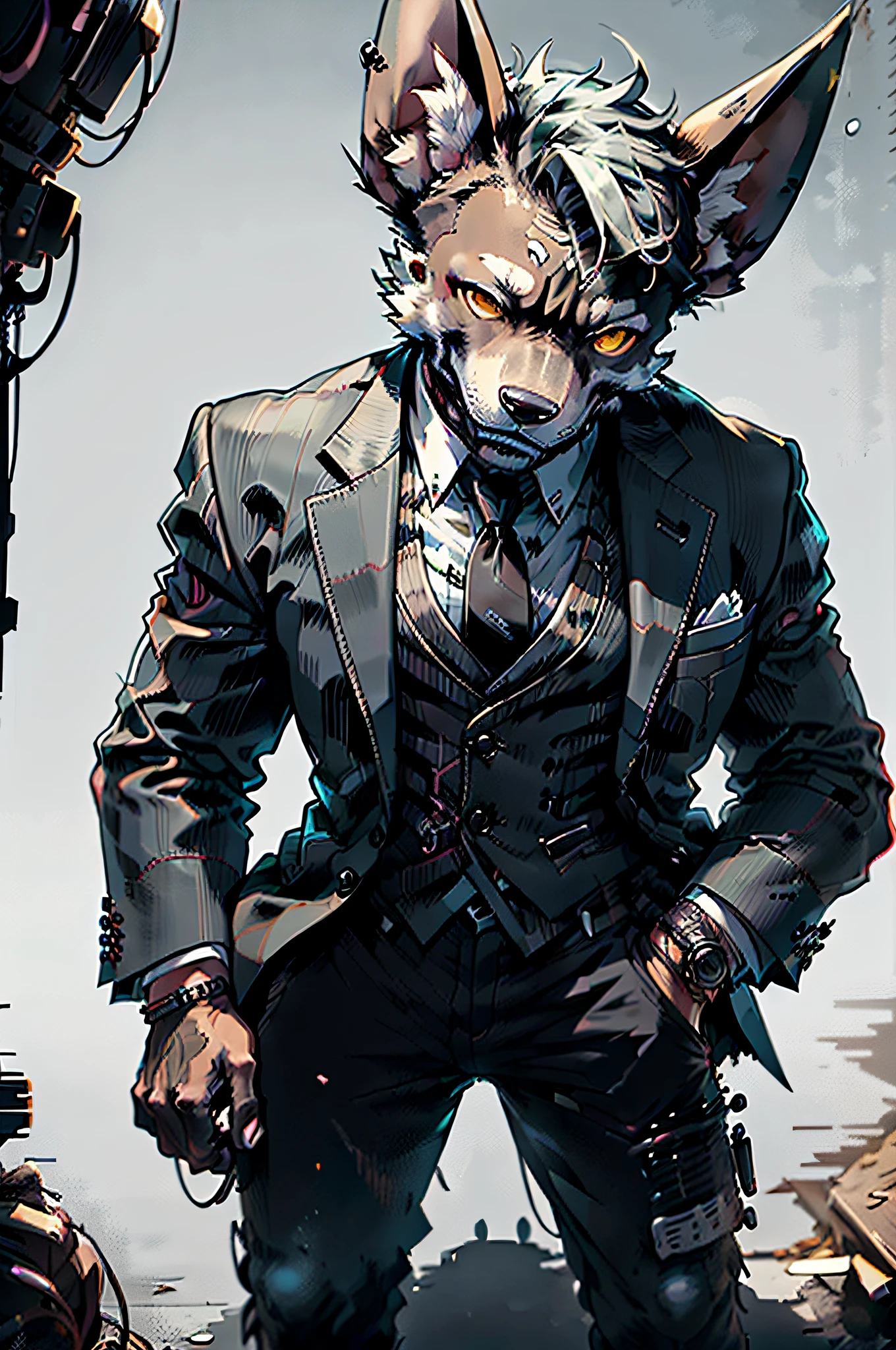 (Man in black suit and tie)comic strip、Anthropomorphic Doberman dog、cyberpunked