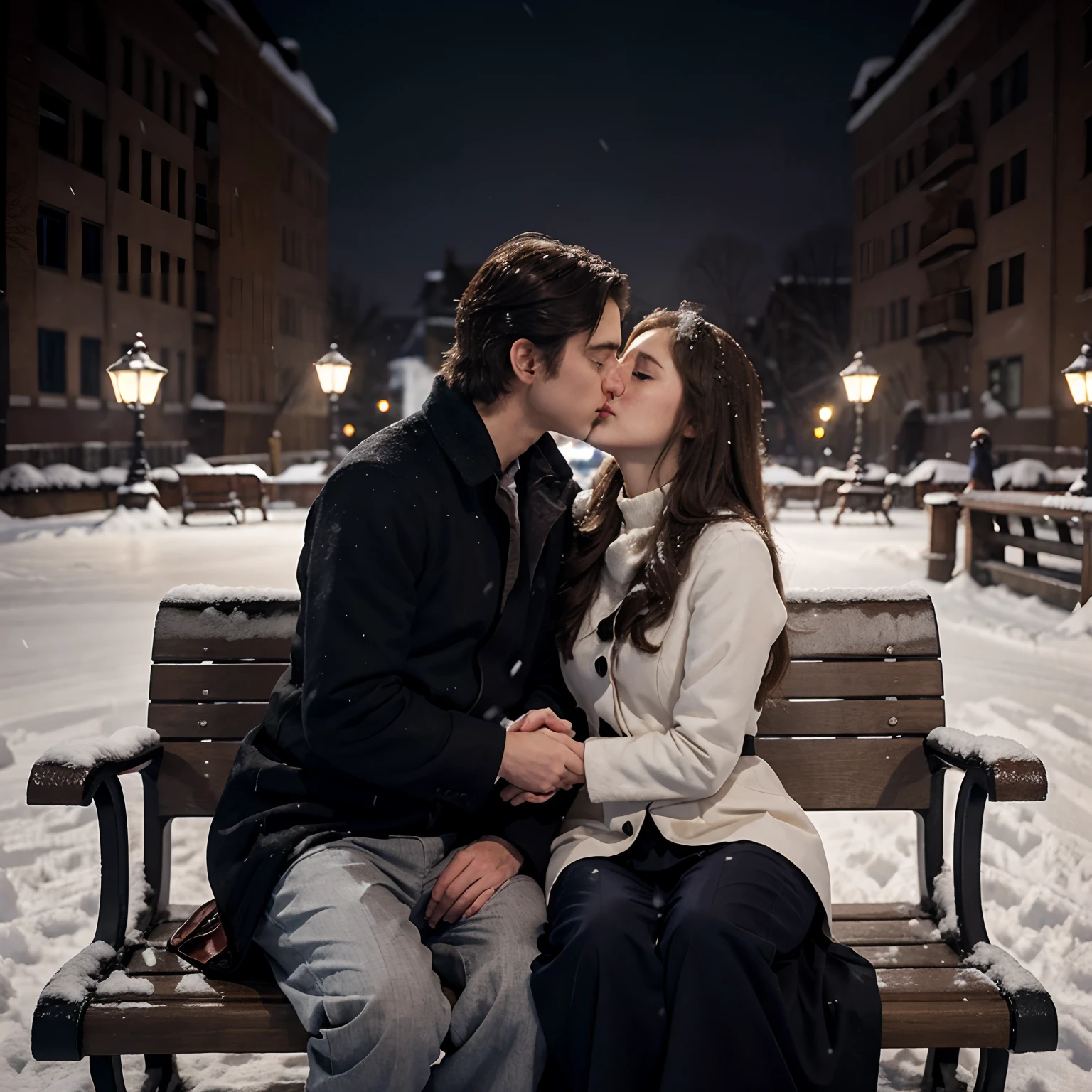 A beautiful princess kissing to her prince sitting on a bench at night there is no body around them, and snow falling.