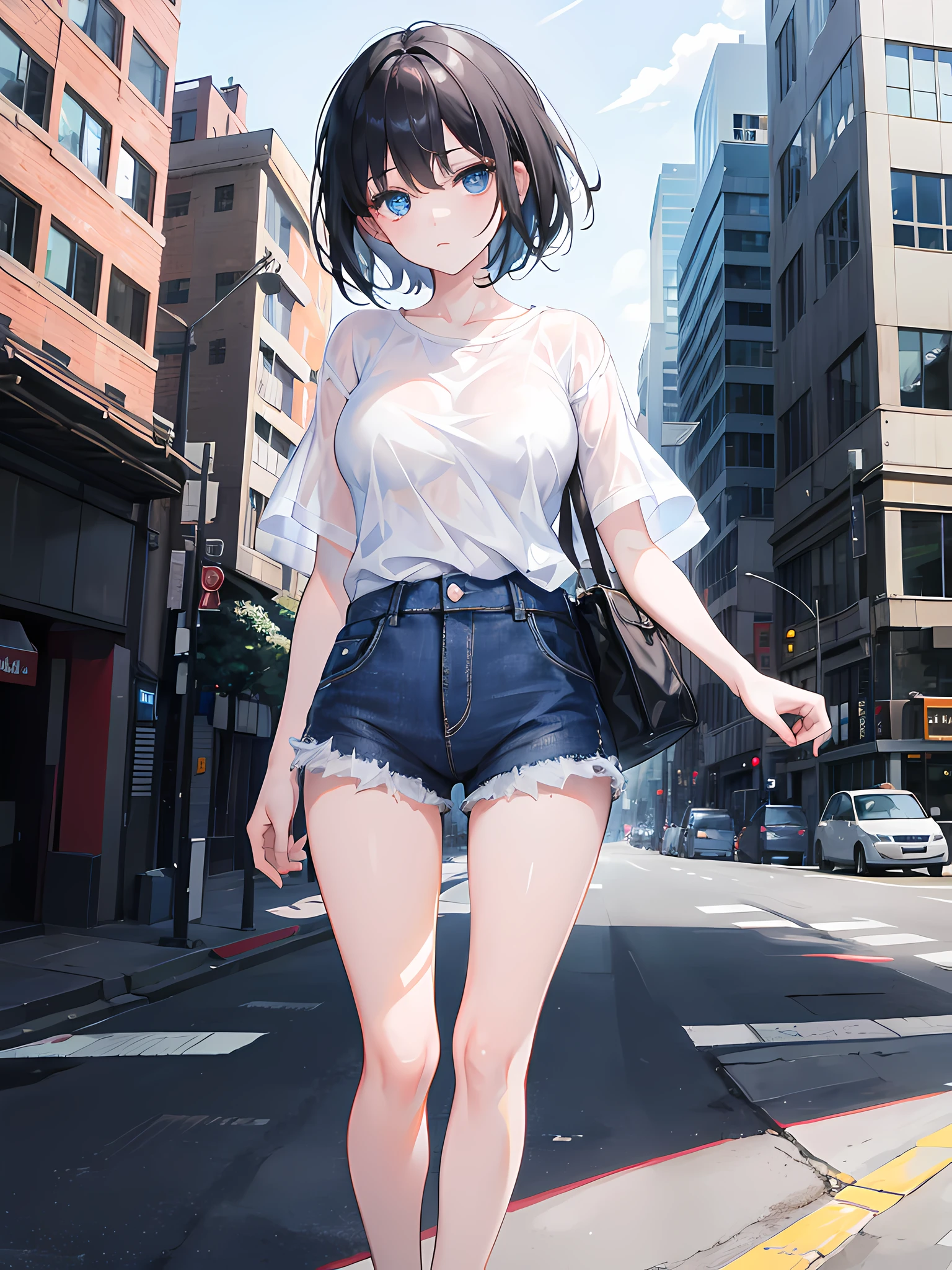 1girl, short black hair, blue eyes, wearing plain white shirt, denim shorts, city, absurdres, high res, ultrasharp, 8K, masterpiece, looking at viewer