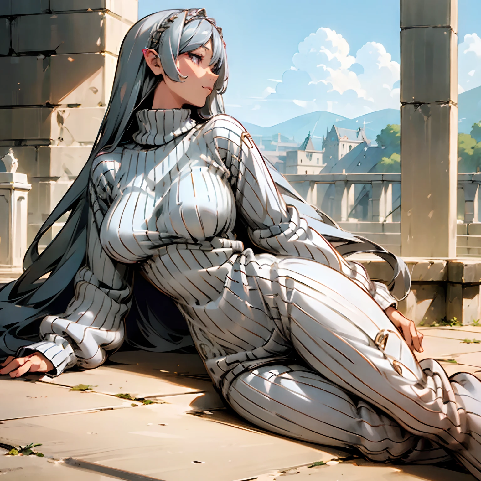 ((masterpiece)),((high resolution)),((best quality)), extremely fine and beautiful, detailed face, super fine illustration, beautiful detailed girl, (supple breasts), facing at viewer, (Happy:1.0), (see-through:0.0), hair covering breasts, silver eyes, ((freya)), silver hair, silver eyes, profile, ((oversized white sweater)), ((grey sweatpants)), 1 girl, straight hair, cute, goddess, (very long hair), profile, (large breasts:1.2), (plump thighs:1.1), cute, movie lighting, perfect shadow, realistic lighting shaded, (sitting), medieval fantasy city scene, movie lighting, perfect shadow, realistic lighting shaded, detailed scenery, detailed focus, detailed woman