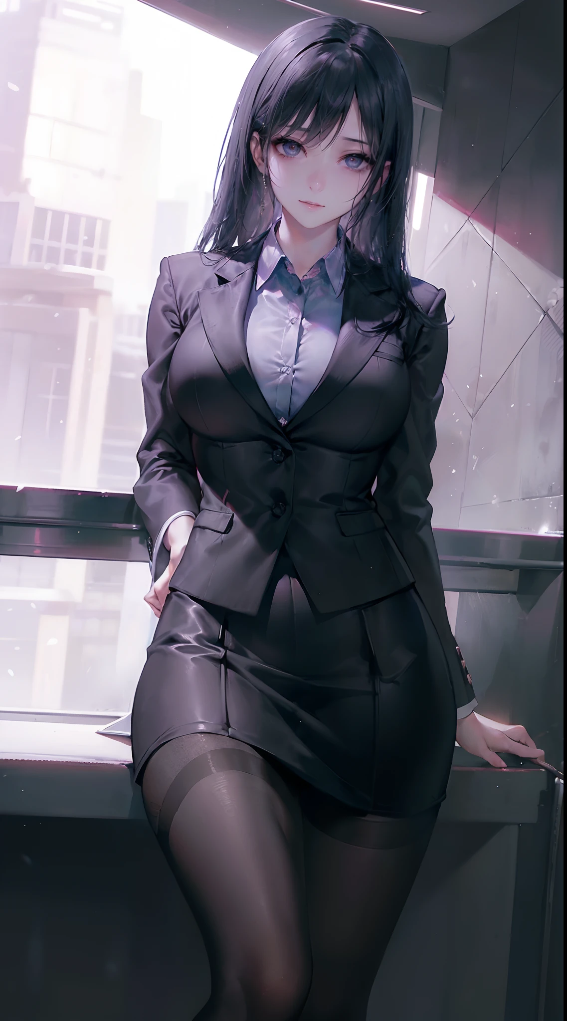 Korean girl, CEO, Classy upper-class elite business shirt, working in an office、Wearing a strict business suit, Wearing pantyhose、Wear high-end high heels、 Girl in a shirt, Wearing a business suit, Wearing a business suit, in a business suit, businesswoman, business clothes, wearing black business suit, Wear shirts and skirts, Woman in business suit, Business attire, business outfit, Raw photo, (8K、top-quality、masterpiece:1.2)、(intricate detailes:1.4)、(Photorealsitic:1.4)、octane renderings、Complex 3D rendering ultra detail, Studio Soft Light, Rim Lights, vibrant detail, super detailing, realistic skin textures, Detail Face, Beautiful detail eyes, Very detailed CG Unity 16k wallpaper, make - up, (detailedbackground:1.2), ((Exposed thighs))
