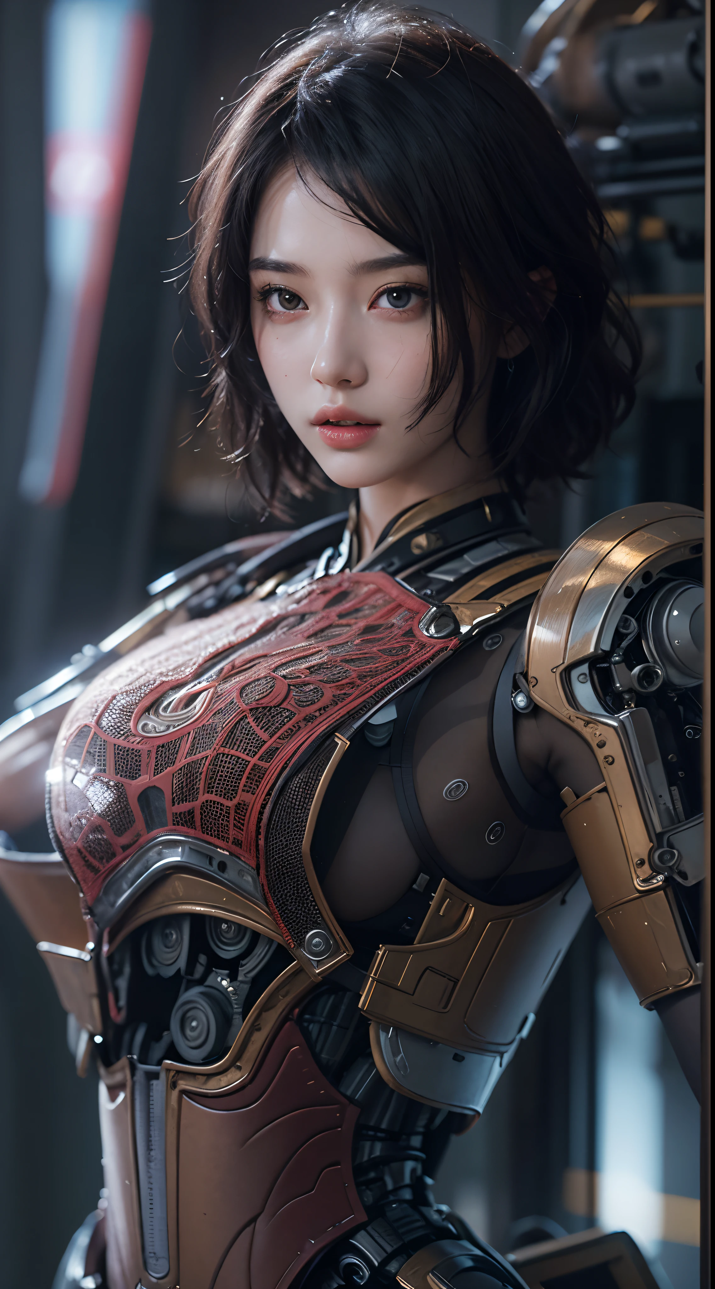 ((Masterpiece))), ((Best Quality))), ((Ultra Detailed)), (Ultra Real), (Highly Detailed CG Illustration), Cinematic Light, Realistic, Very Beautiful Young Lady, (Beautiful Face and Lips), Intricate Details, Full View, Weapon, Robotic Arm, Cinematic Quality, Full Body, Short Black Hair