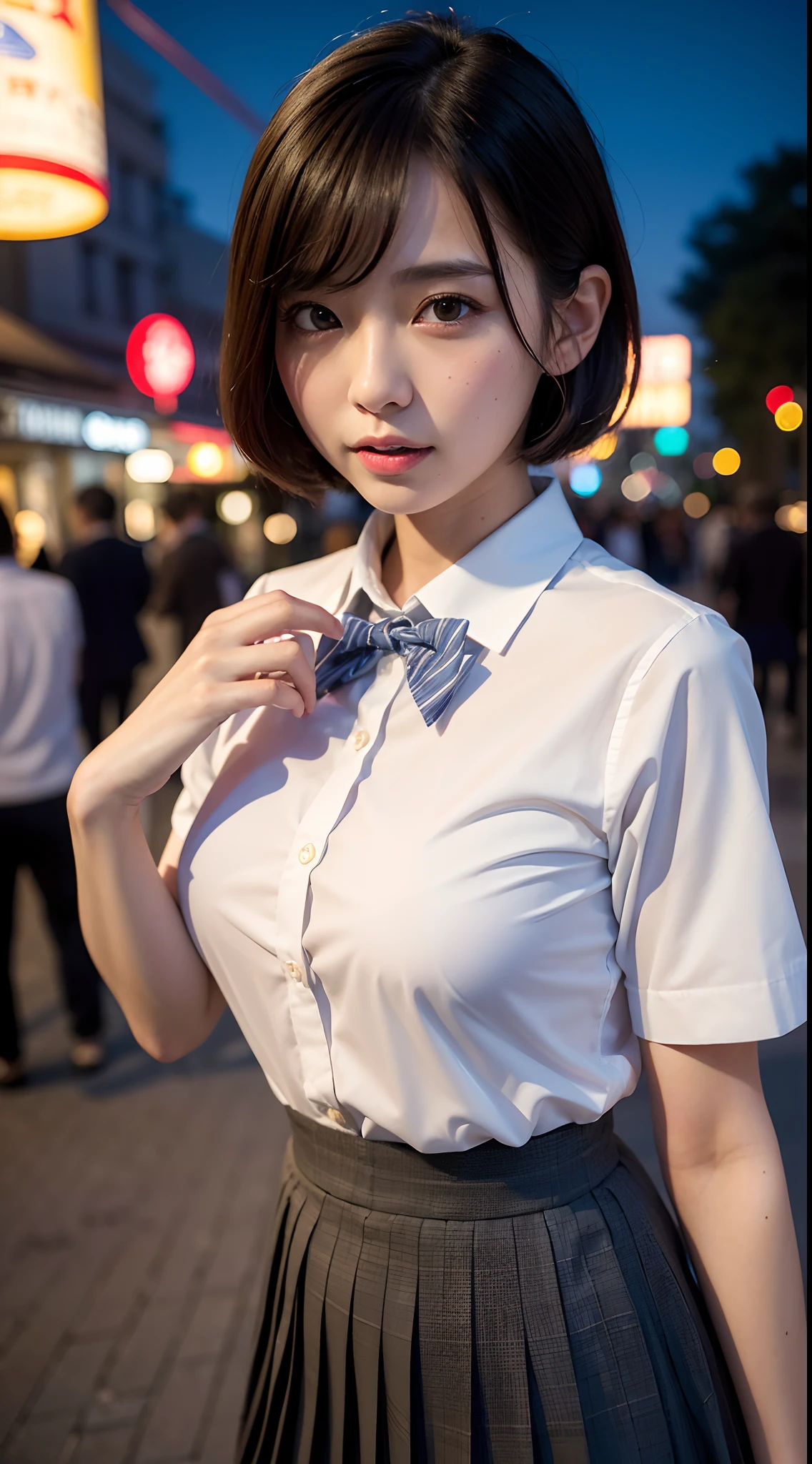 (8K, RAW photo, Best quality, Masterpiece:1.2), (Realistic, photo-realistic:1.37), Ultra-detailed,
1 girl,Cute, Solo,Beautiful detailed sky,Detailed Tokyo Street,Night,
Medium breasts,Beautiful detailed eyes,(Collared shirt:1.1), neck bowtie,Pleated skirt,(Short hair:1.2),Floating hair