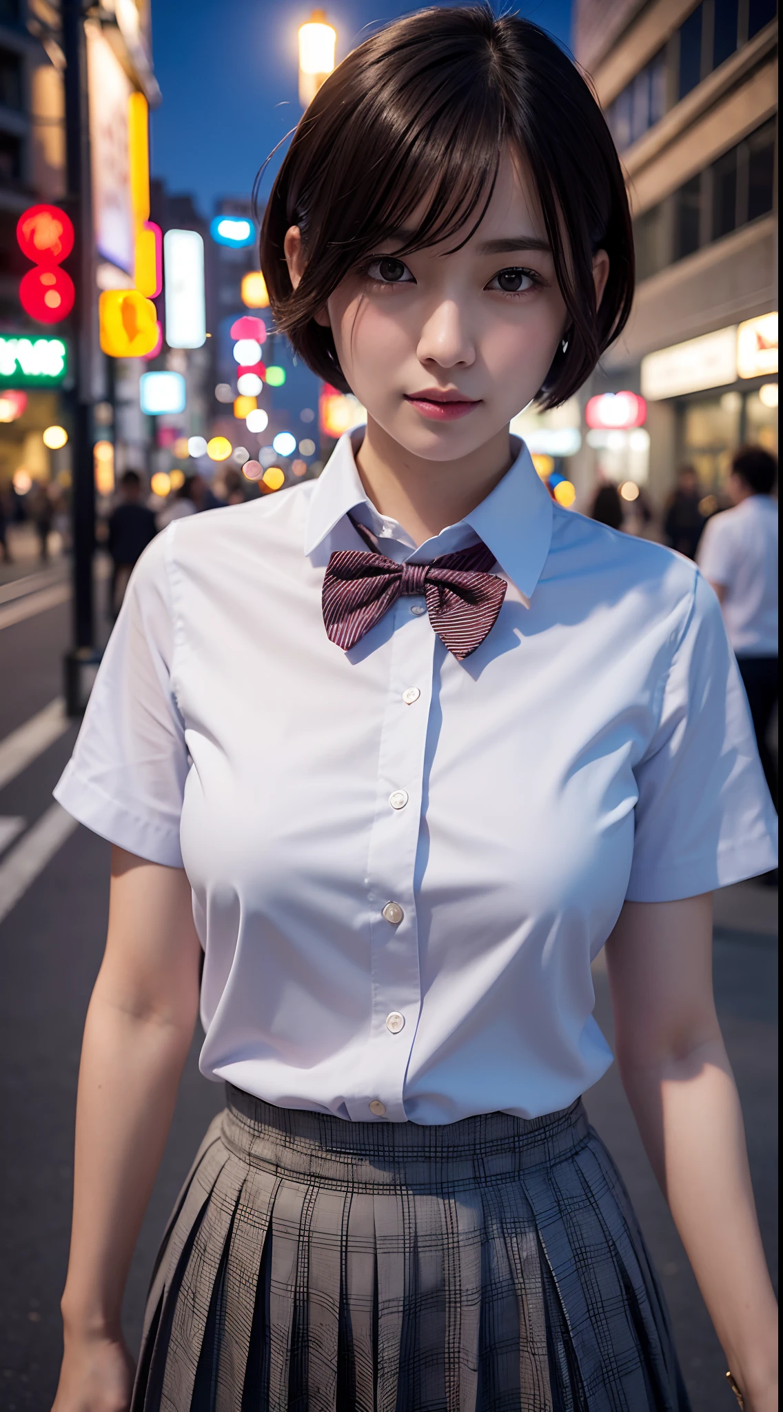 (8K, RAW photo, Best quality, Masterpiece:1.2), (Realistic, photo-realistic:1.37), Ultra-detailed,
1 girl,Cute, Solo,Beautiful detailed sky,Detailed Tokyo Street,Night,
Medium breasts,Beautiful detailed eyes,(Collared shirt:1.1), neck bowtie,Pleated skirt,(Short hair:1.2),Floating hair