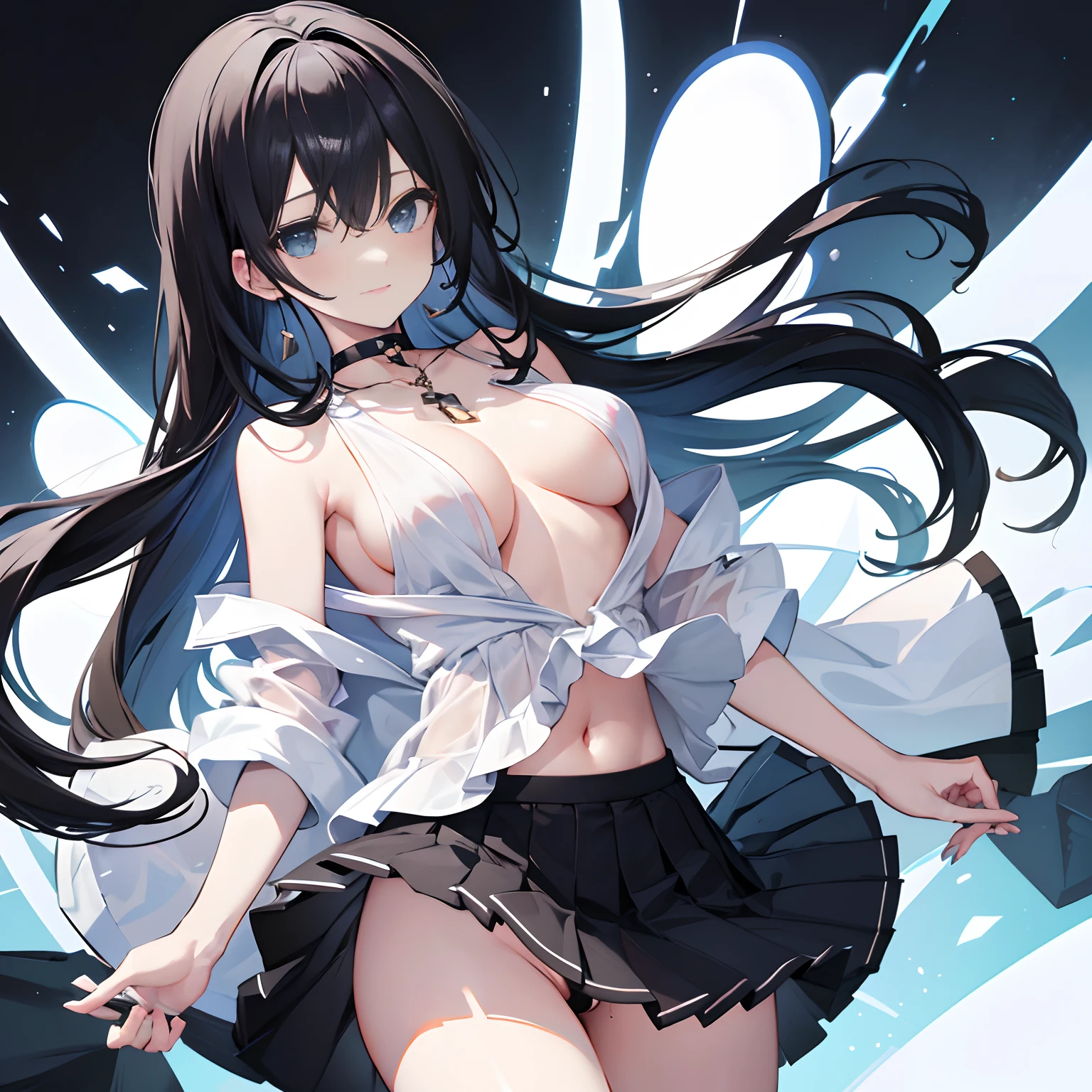 Beautiful illustration、top-quality、Handsome girl,Hair between the eyes、Random actions,Random scenes,black color hair,choker necklace,gyuru,(White color blouse),(Translucent top),long whitr hair、(((Black pleated skirt)))、(does not wear panties),not wearing bra,Bare legged,ssmile,Be red in the face,legendary,white stockings,Puffy eyes,a navel,eBlue eyes、