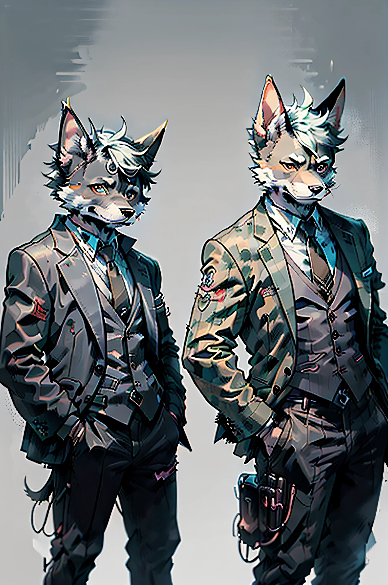 (Man in black suit and tie)comic strip、Anthropomorphic Doberman dog、cyberpunked