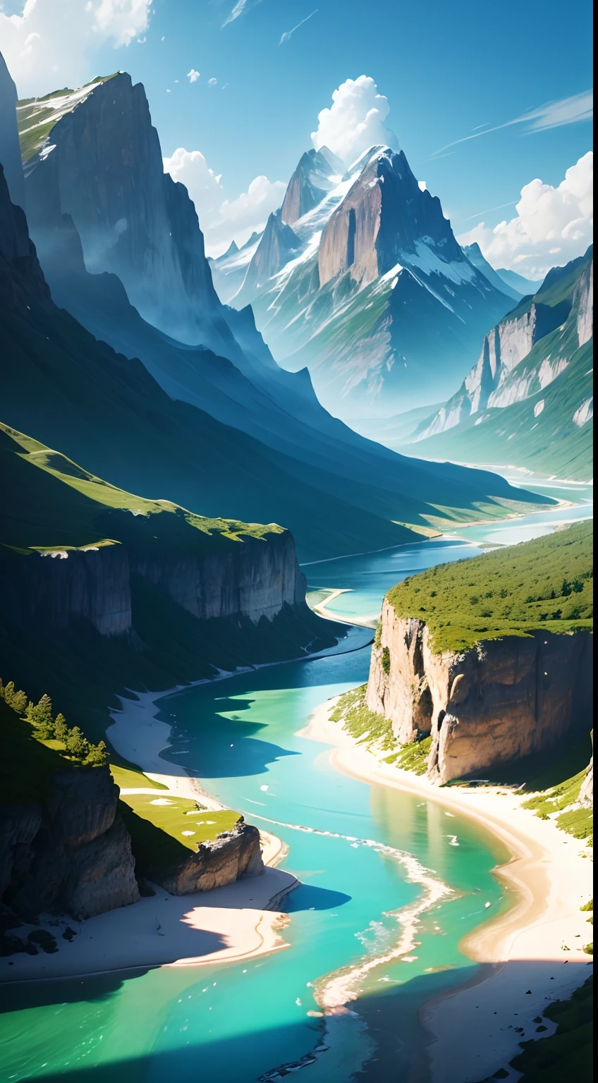 (an extraordinary magical landscape),(best quality, ultra-detailed),(best illumination, best shadow),dramatic sky,impressive mountains,crystal-clear river,endless green forest,warm sunlight,flowing grass,sparkling ocean,white sand beach,vivid colors,high saturation.