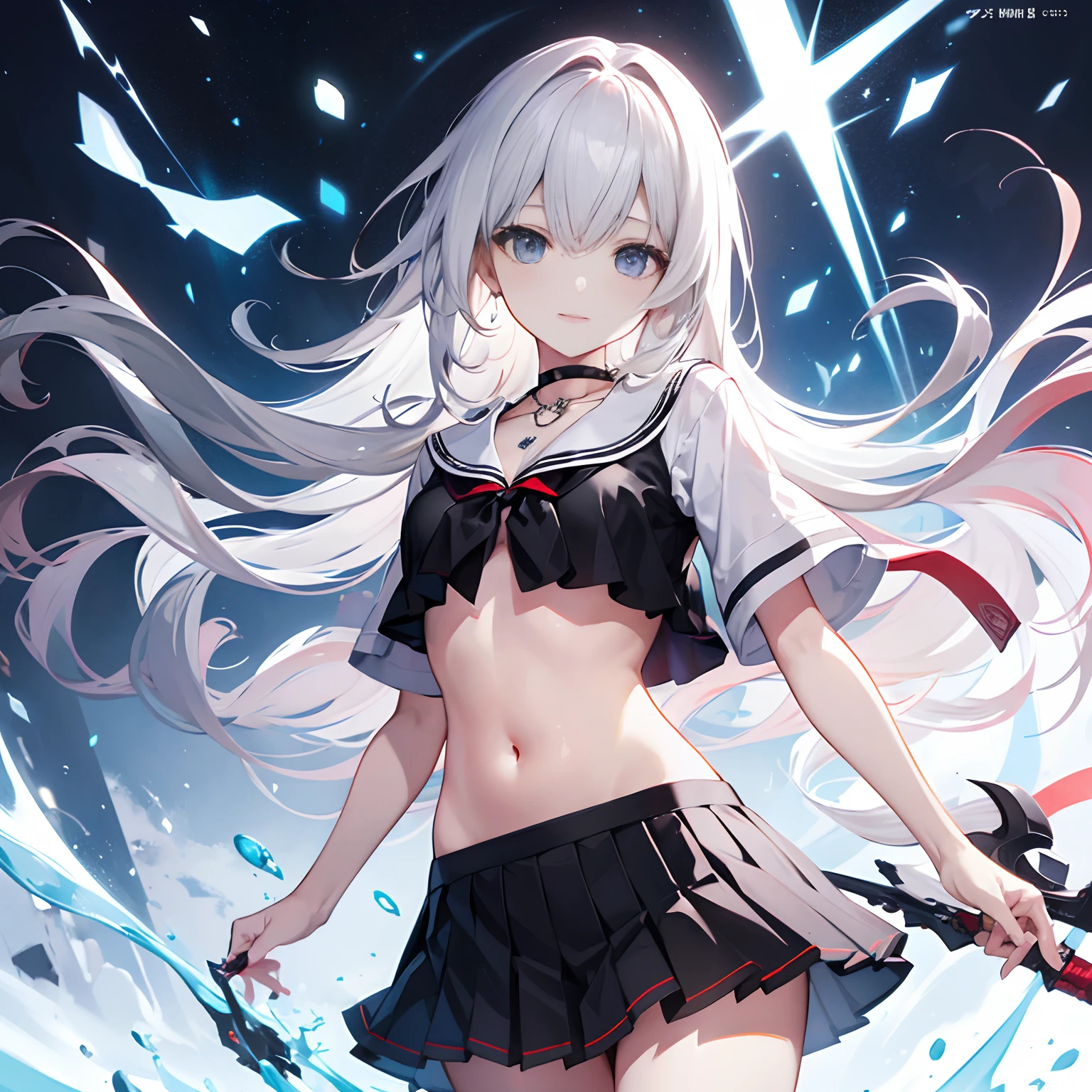 Beautiful illustration、top-quality、Handsome girl，Hair between the eyes、Random actions，Random scenes，Black color hair，（choker necklace），gyuru，（White color blouse），（Translucent top），long whitr hair、(((Black pleated skirt)))、（does not wear panties），Exposing thighs，Bare legged，ssmile，Be red in the face，Puffy eyes，a navel，eBlue eyes、