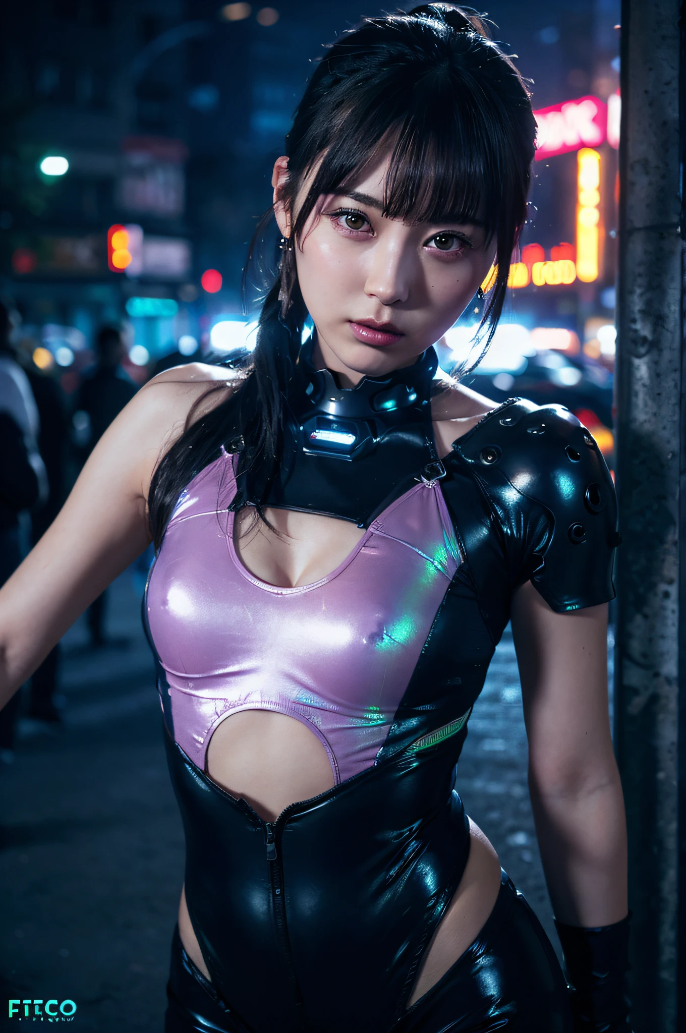 Dark Body 8K Drive Rendering, age Female Cyborg, Purple ponytail hair, In the city of neon lights, action SHOT, bright and complex earrings, closes mouth, ((a closed mouth)), Skin pores, Detailed complex iris, Very dark lighting, heavy shadow, Detailed and detailed face, ((vibrating, photos realistic, realist, Dramatic, murky, foco nítido, 8?And then)), ::Futuristic cyberpunk style, , Wear a luminescent iridescent bodysuit, Realistic style, ::n_digital-painting style