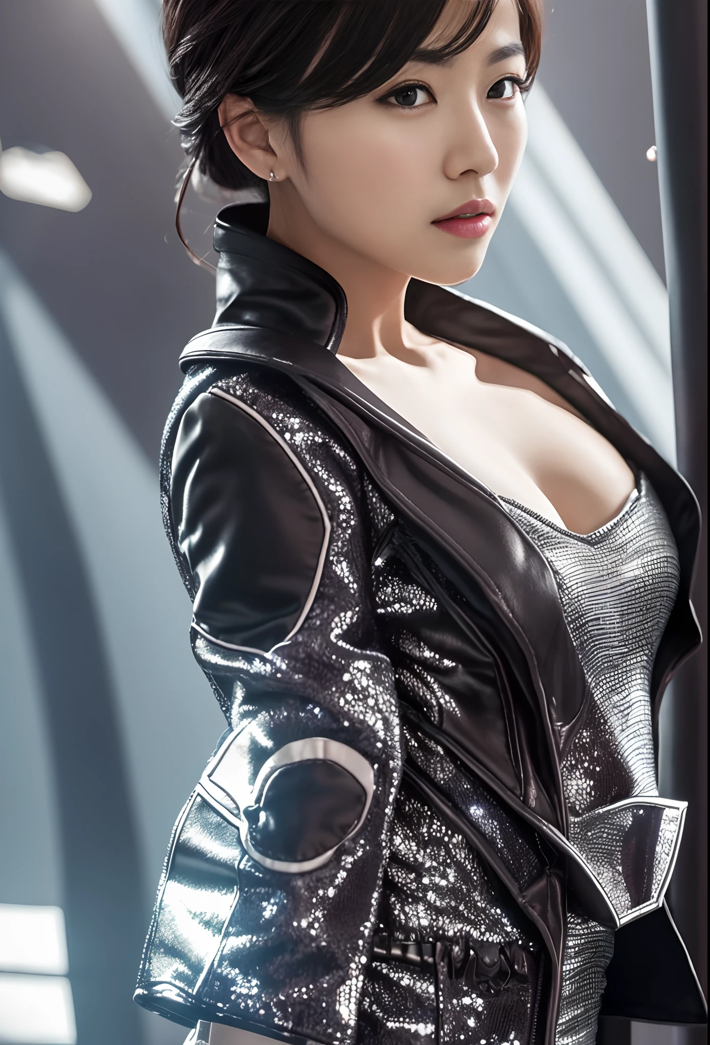 Beautiful mature Korean beauty singer、Power Rangers costume in thick satin fabric、Inside the spaceship、((Slimed、large build))、Photorealsitic、a picture、masterpiece、reallistic、真实感、photorealisim、High contrast、Photorealistic Art Station Trending Digital Art 8k HD High Definition and Detailed Realistic, detaileds, Skin Texture, ultra-detailliert, realistic skin textures, armature, top-quality, 超A high resolution, (Photorealsitic:1.4),, hight resolution, detaileds, Raw foto, Sharp Re, Nikon D850 Film Stock Photo by Lee Jefferies 4 Kodak Portra 400 Camera F1.6 lenses rich colors hyper realistic lifelike textures dramatic lighting unreal engine artstation trends synestil 800,