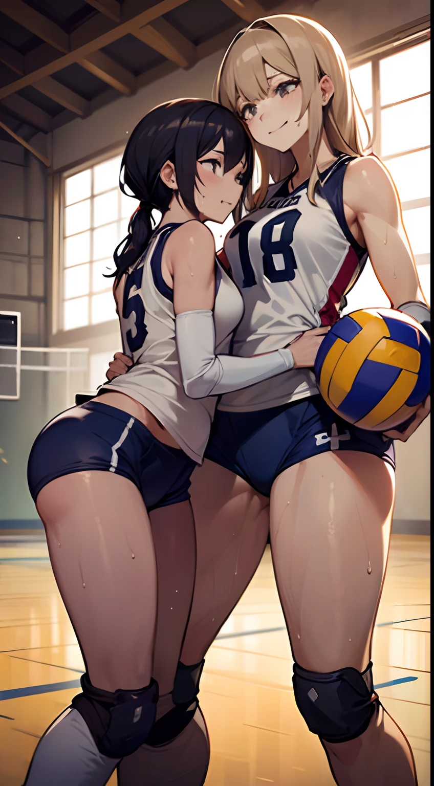 (((masuter piece))), (((Best Quality))), (((Super Detail Art))), (((hight resolution))), ((superfine illustration)), nffsw, Anatomically correct, 8K, ((Ultimate cutie)), Detailed beautiful face, Shiny hair, gals, medium breasts, thick thight, Lustrous skin, Voluptuous,
BREAK, (((Two girls))), ((2 female volleyball players)), ((Evil smile)), (((Yuri))), The whole body is dirty, BREAK, (((Holds a beautiful spherical 6-inch volleyball))), BREAK, (((Buruma))), (Volleyball uniform), Sleeveless Volleyball Uniforms, (((Buruma))), (Kneepads), (elbow pad), (Bare hands), ((Sweat)), ((Covered in sweat)), (Breathless), on valleyball court, in gymnasium, Lighting, Look at viewers
