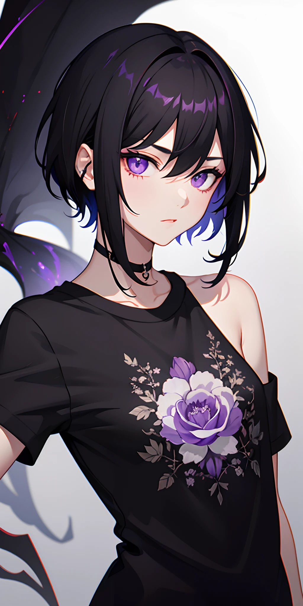 1guy, feminine, short black hair, purple eyes, black flowers, freedom, t-shirt, blood, ominous, scary, black mist
