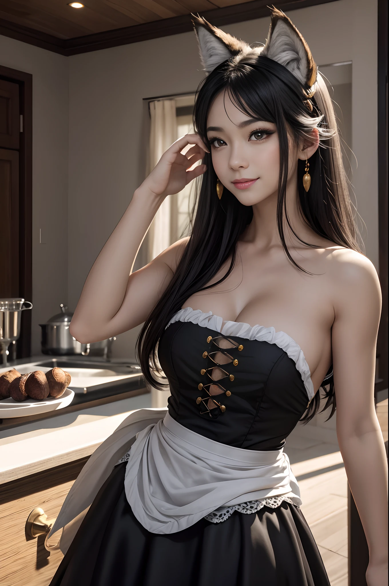 8K、The highest quality of photorealistic RAW photos。1.4)1人,(Caucasian girl werewolf) Personification of super beautiful small-breasted wolves(lifelike face) Wolf personification ,Short bob with black hair,Maid long skirt,Black and white maid costume,golden decoration beautiful expression super high resolution smile precise details realistic skin,enticing,red claw,Beautiful Wolf Eyes,Gray wolf ears,very small breasts