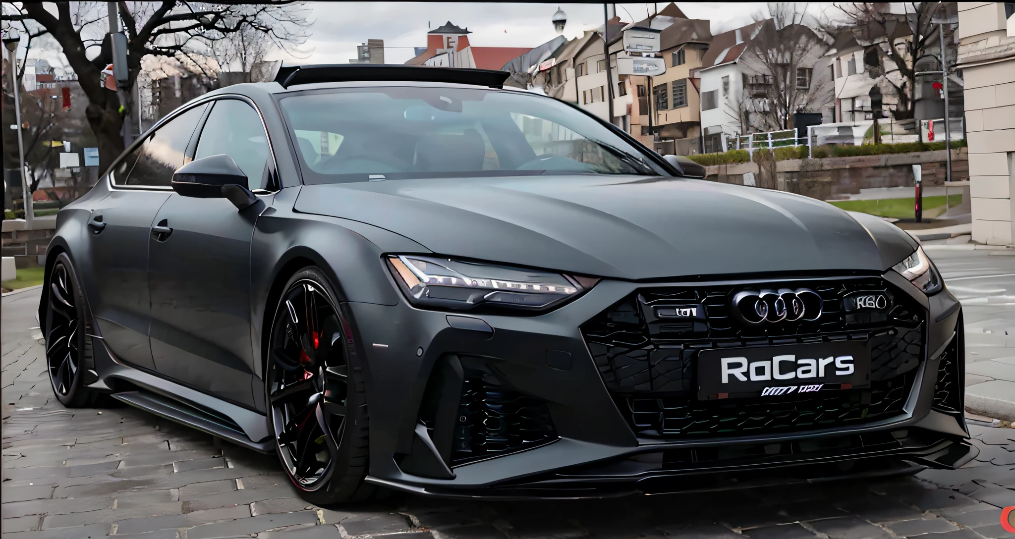 Close-up of black Audi RS7 on cobblestone road, Wide body,Ultra-clear 8k, Black car, front profile, all black matte product, front profile shot, Dark matte metal, matte black, high-quality picture