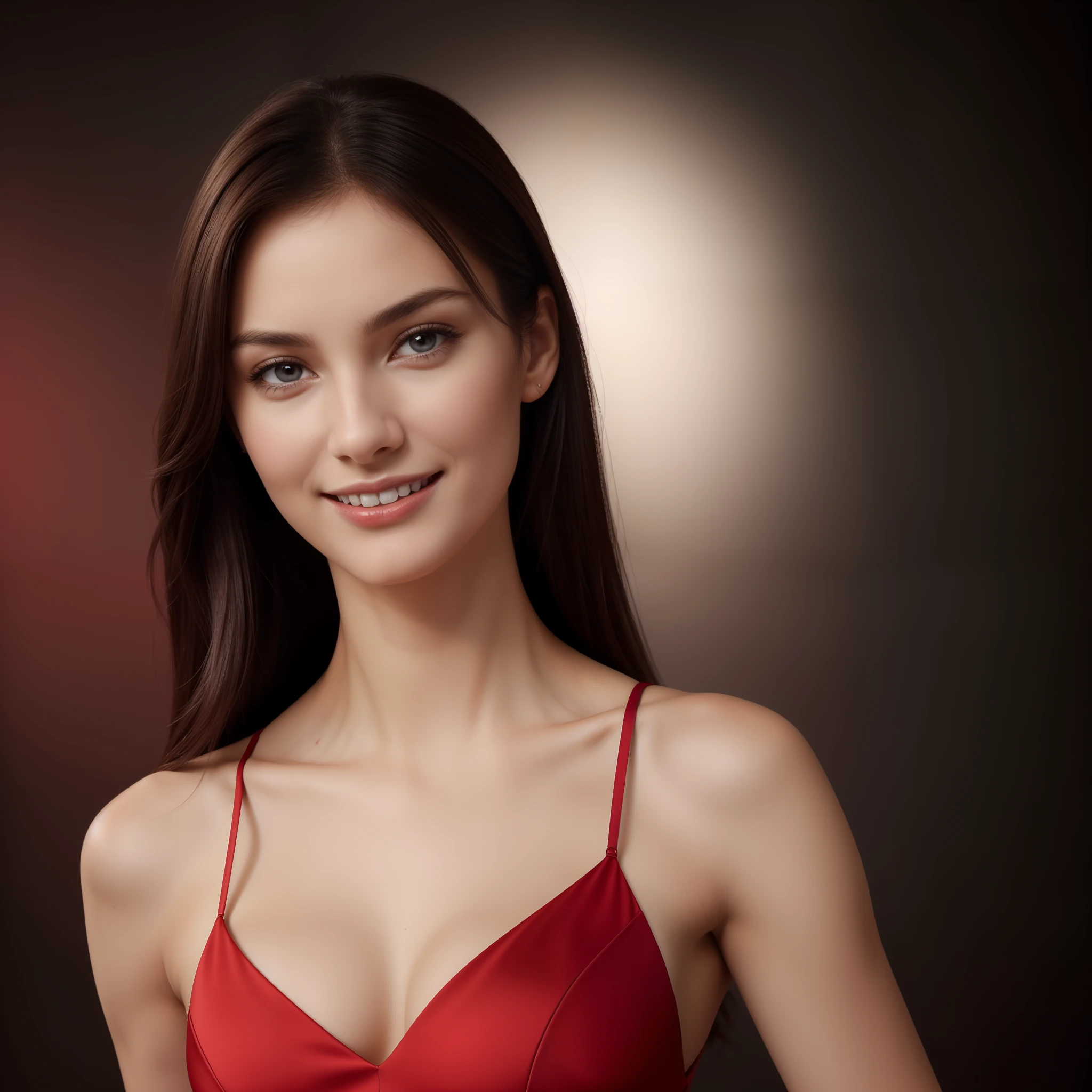 ((portrait,upper-body,facial-view,close-up)),(best quality,4k,8k,highres,masterpiece:1.2),ultra-detailed,(realistic,photorealistic,photo-realistic:1.37),(1girl),(18years old),[the face is combination of (((irene1:1.2))) and (((Excella_er5:1.2)))],(sharp focus:1.5),pearl skin,(skin pores:1.1),extremely detailed face and skin texture,(skin texture:1.1),black hair,tall and slender body,(192cm tall),thin and delicate figure,graceful posture,strong and defined muscles,flawless skin,defined abs,perfect curves,feminine appearance,perfect anatomy,embodying elegance and beauty,cleavage breasts,((wearing red color dress:1.3)),vibrant colors,extremely detailed and realistic (red) clothes,(colorful),(film grain:1.3),(simple dark background),happy expression,full-smile,romantic flat backdrop,angelic ethereal beauty,studio photography,professional photography.