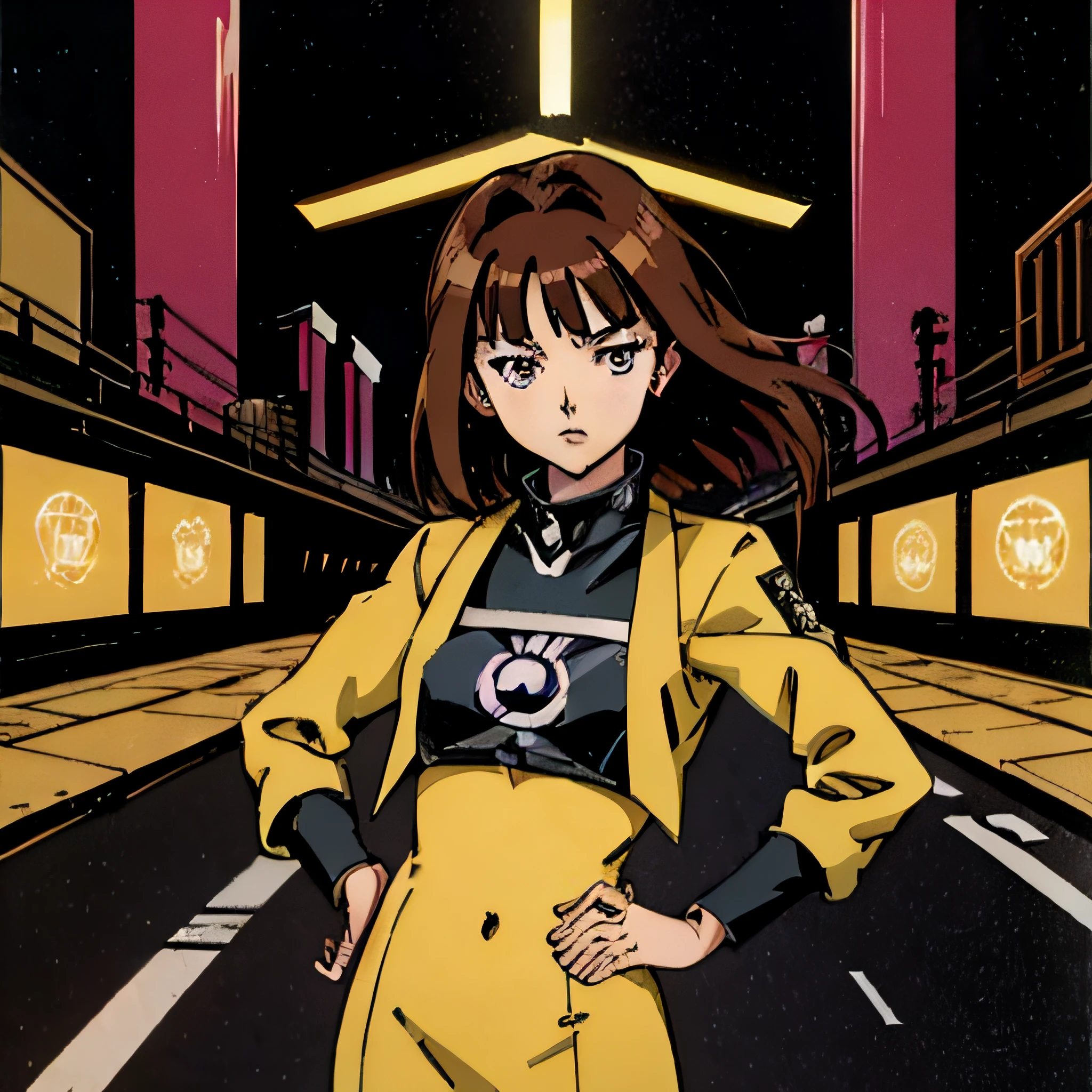 Anime-style woman, manga, ultra detallada, estilo Shingo Araki, with dark brown hair, con traje futurista, On neon streets