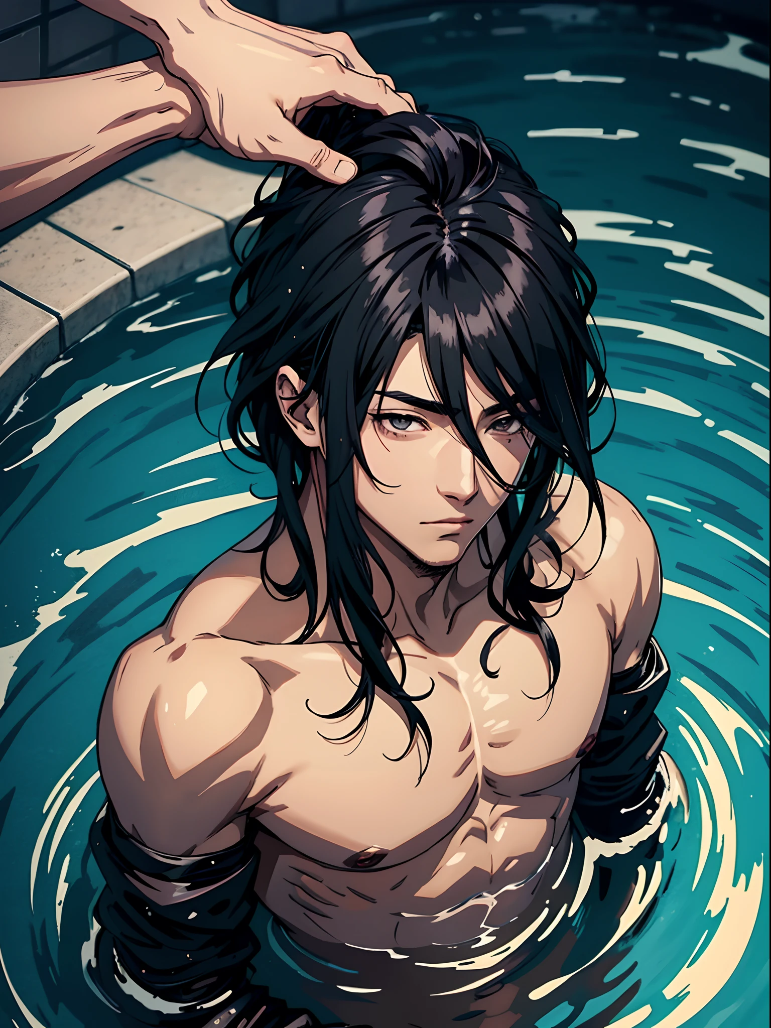 anime handsome man, detailed black hair in intricate hairstyle, hair strands, wet hair