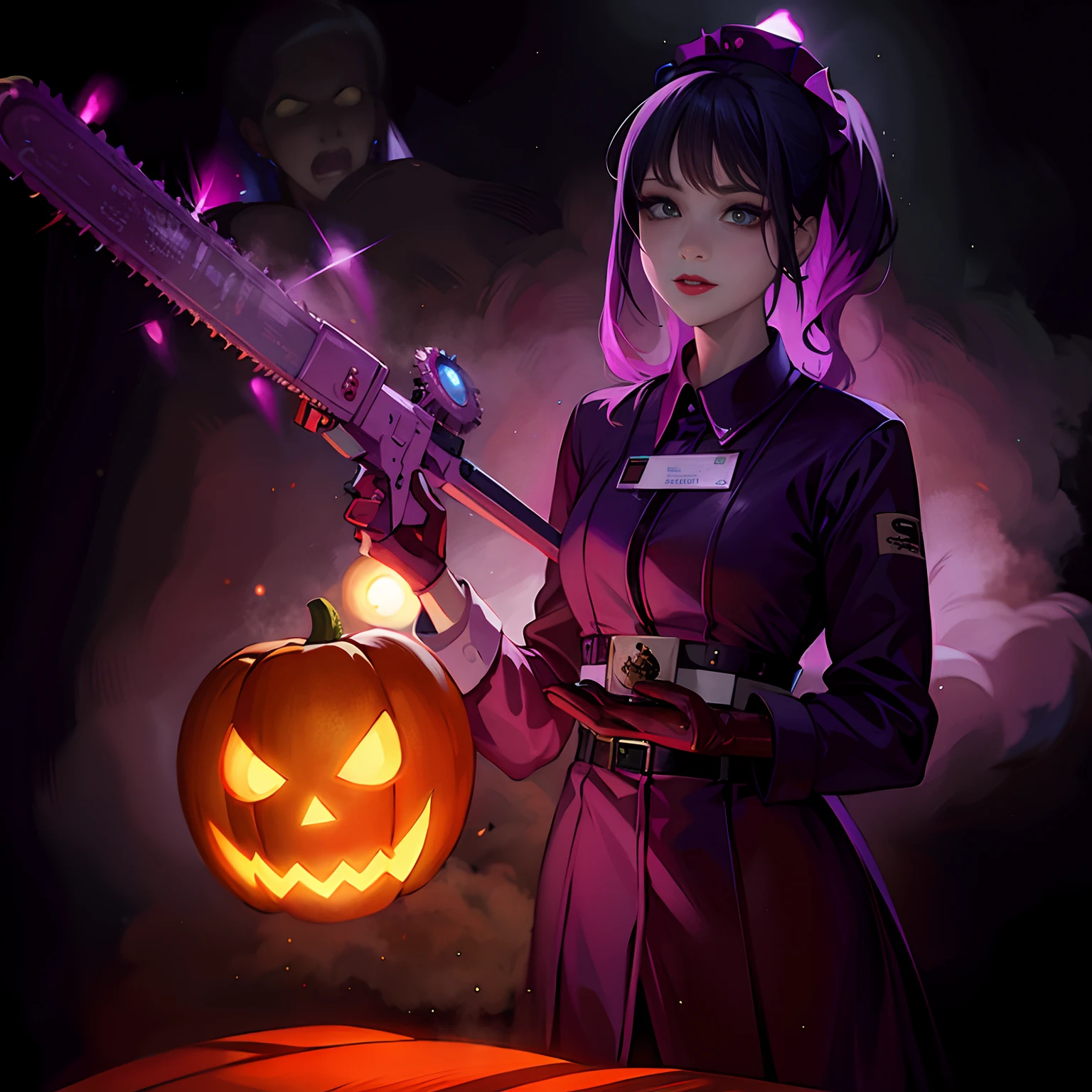 sparkle effect, WLOP style,  wearing purple nurse uniform, nurse,  Z-brush, holding glowing Chainsaw,  jack-o-lantern, beautiful nose,  beautiful hands,  beautiful big eyes, skull  face, demon nurse of darkness,  blur dark hospital,  beautiful scary face. insanely detailed, 8k, dramatic lighting, wind-effect,  smooth, bright lighting, masterpiece, Red lip,