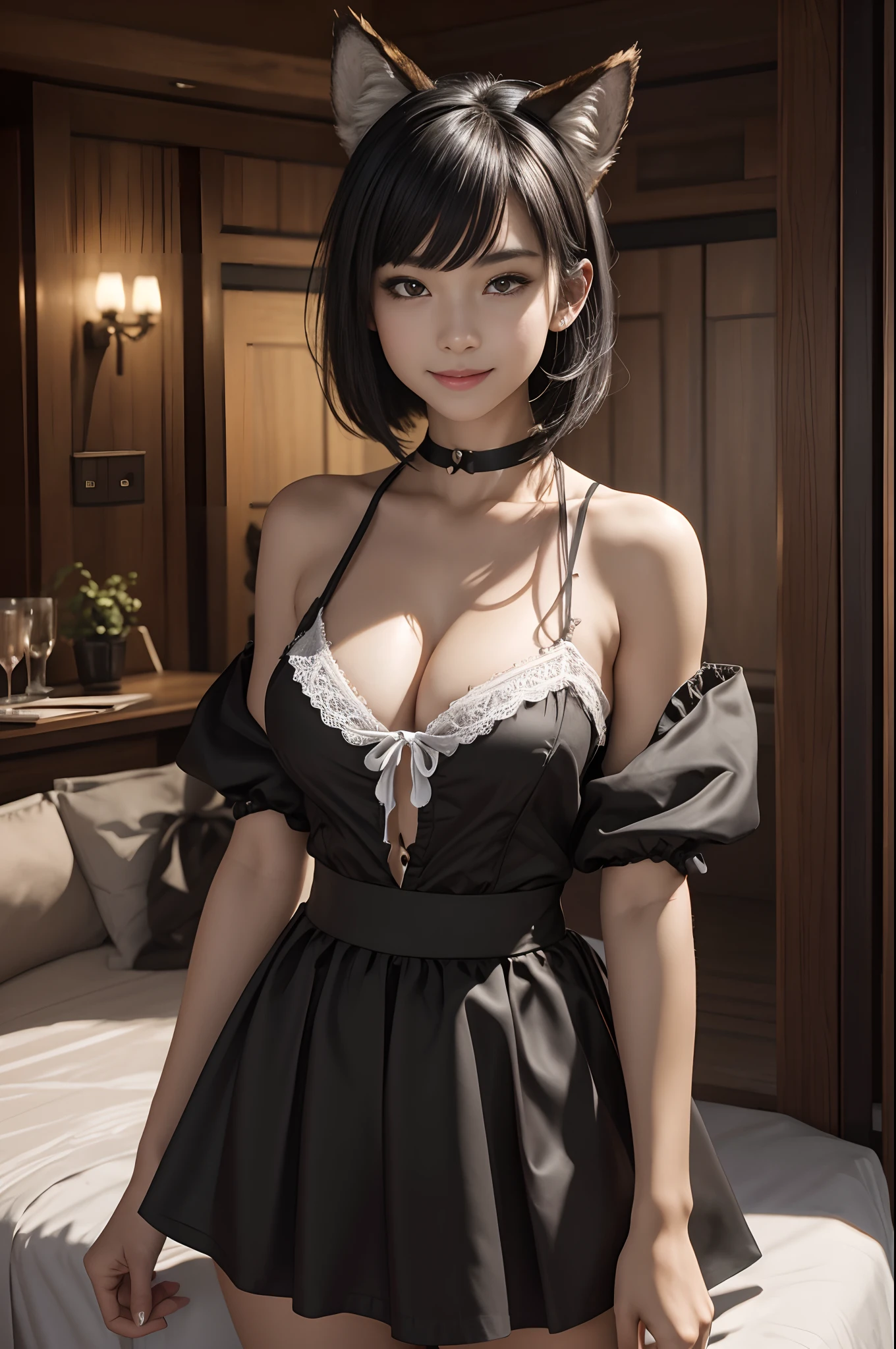 8K、The highest quality of photorealistic RAW photos。1.4)One very small breast,(Caucasian girl werewolf) Personification of super beautiful small-breasted wolves(lifelike face) Wolf personification ,Short bob with black hair,Maid long skirt,Black and white maid costume,golden decoration beautiful expression super high resolution smile precise details realistic skin,enticing,red claw,Beautiful Wolf Eyes,Gray wolf ears,very small breasts