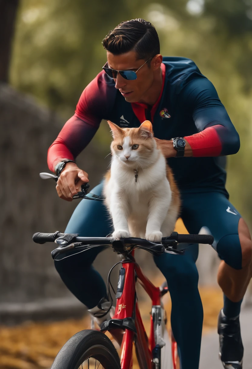 Cristiano Ronaldo rides a bicycle carrying a cat