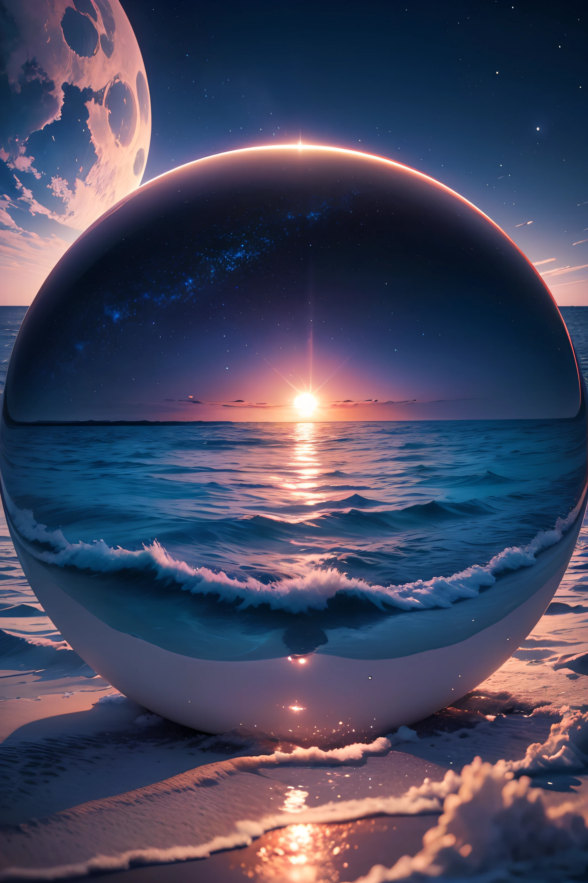 8K HD Ultra real detail photo of a large drop of water that floats in the center of the image and inside it has stars, O universo. fundo da imagem: A beach with dusk ((blue skies, rosa)) with perfect resolution. And three little birds flying in the sky. ((fantasia, sonho))