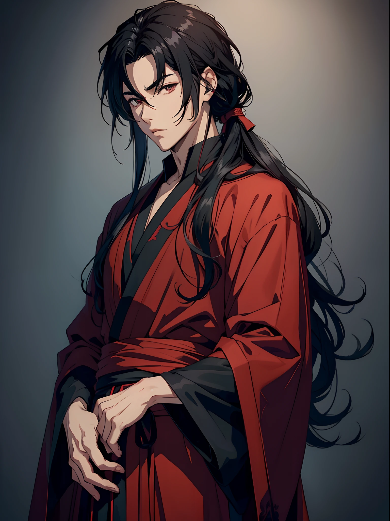 anime handsome man, detailed black hair in intricate hairstyle, hair strands, red simple robe