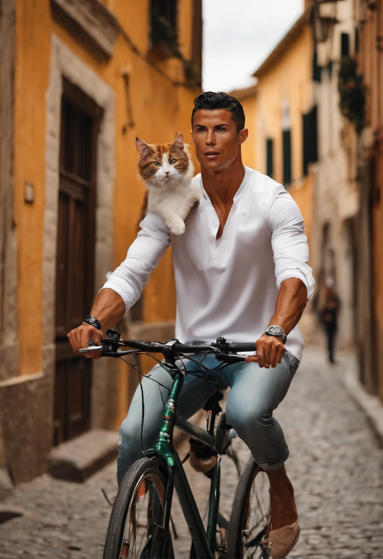 Cristiano Ronaldo rides a bicycle carrying a cat