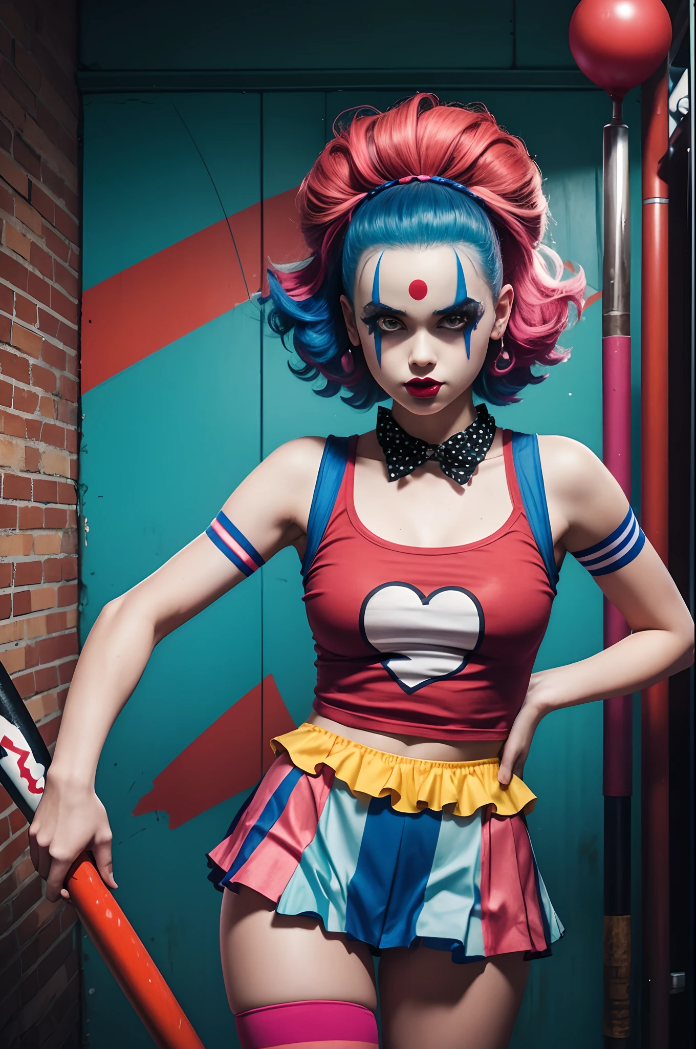 Arcade，Retro，Nostalgia，Punk girl，Clown girl with baseball bat